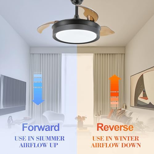 Bella Depot Retractable Ceiling Fan with Lights and Remote with 3 Color Change, Timing Options, Silent Noiseless for Dining Room Bedroom Kitchen (Classic Black, 36