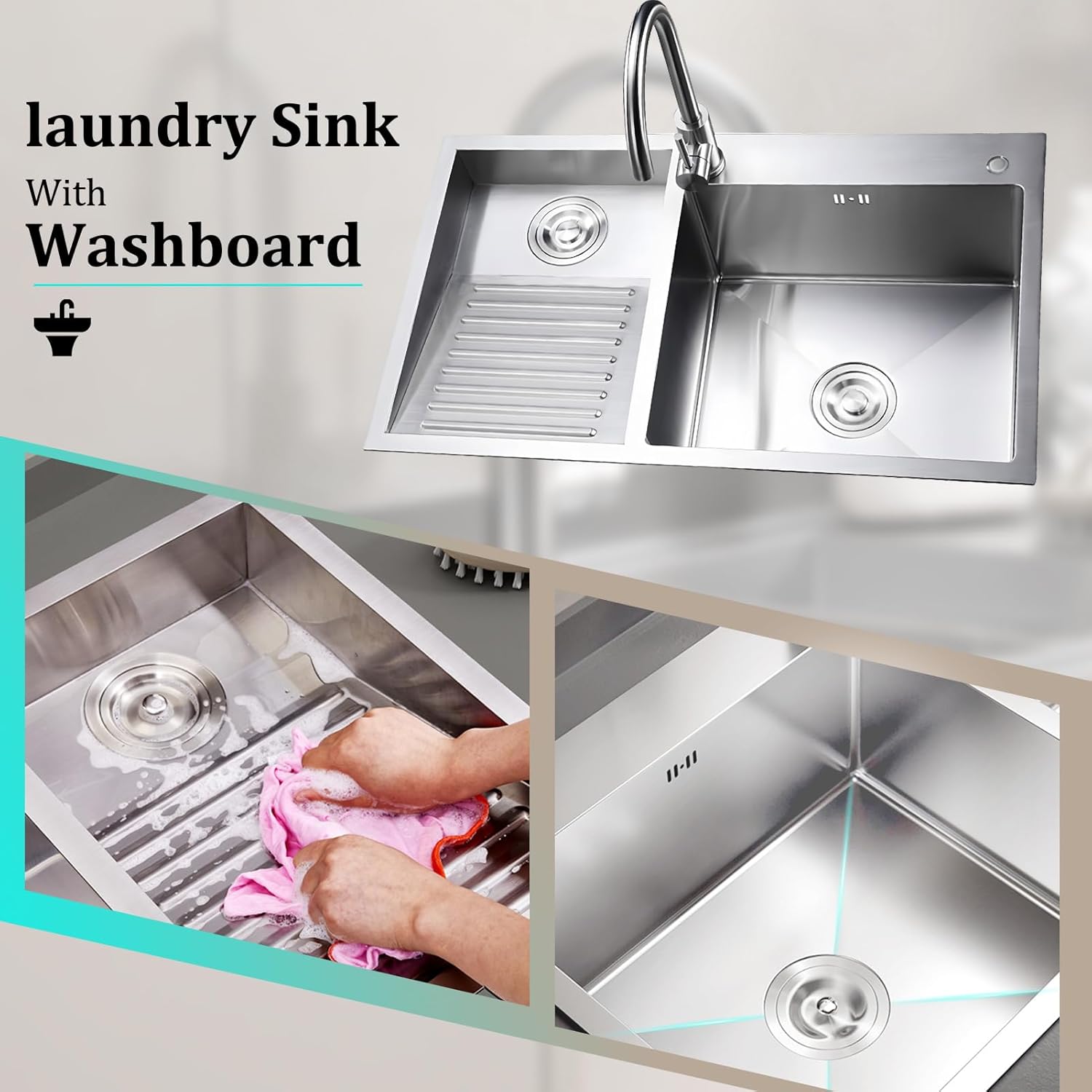 900mm/35.4Inch Laundry Utility Sink With Washboard Stainless Steel Kitchen Sink with Faucet Household Pool Balcony Room Wash Basin Easy Clean Double-Bowl