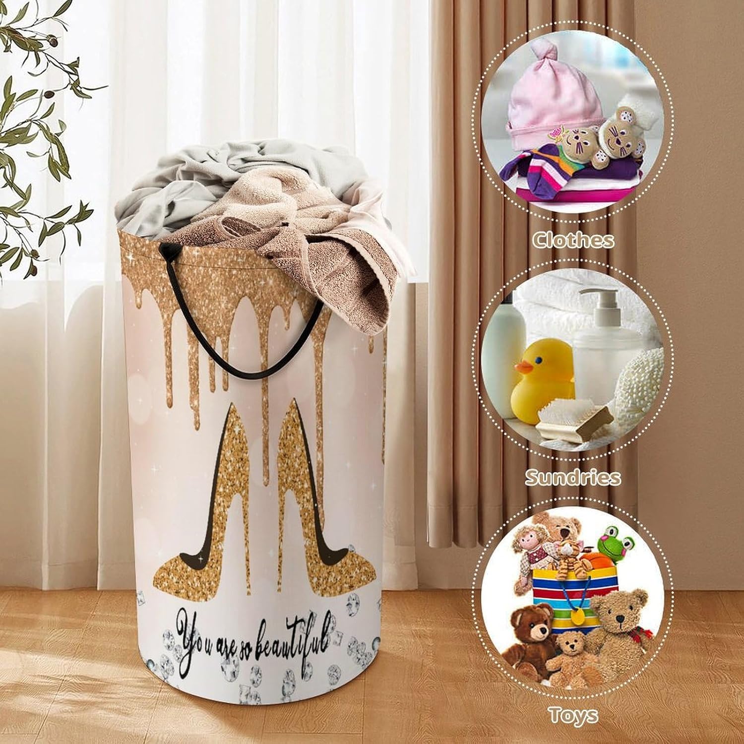 Yellow And High Heel Laundry Basket Large Volume,High Heels Shoe Feminine Glitter Pattern Dirty Clothes Basket Hampers Storage for Dorm And Family 15.7W