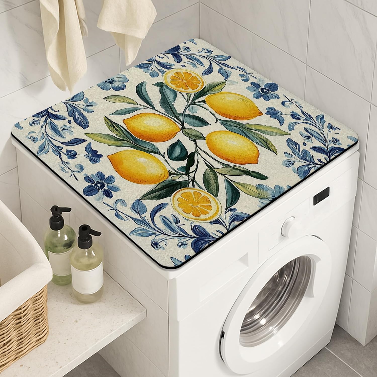 Lemon Blossom Washer Dryer Top Protector Mat, Vintage Botanical Laundry Machine Dust Covers, Summer Floral Rubber Anti-slip Waterproof Washer And Dryer Mats for Home 24x24 Inch
