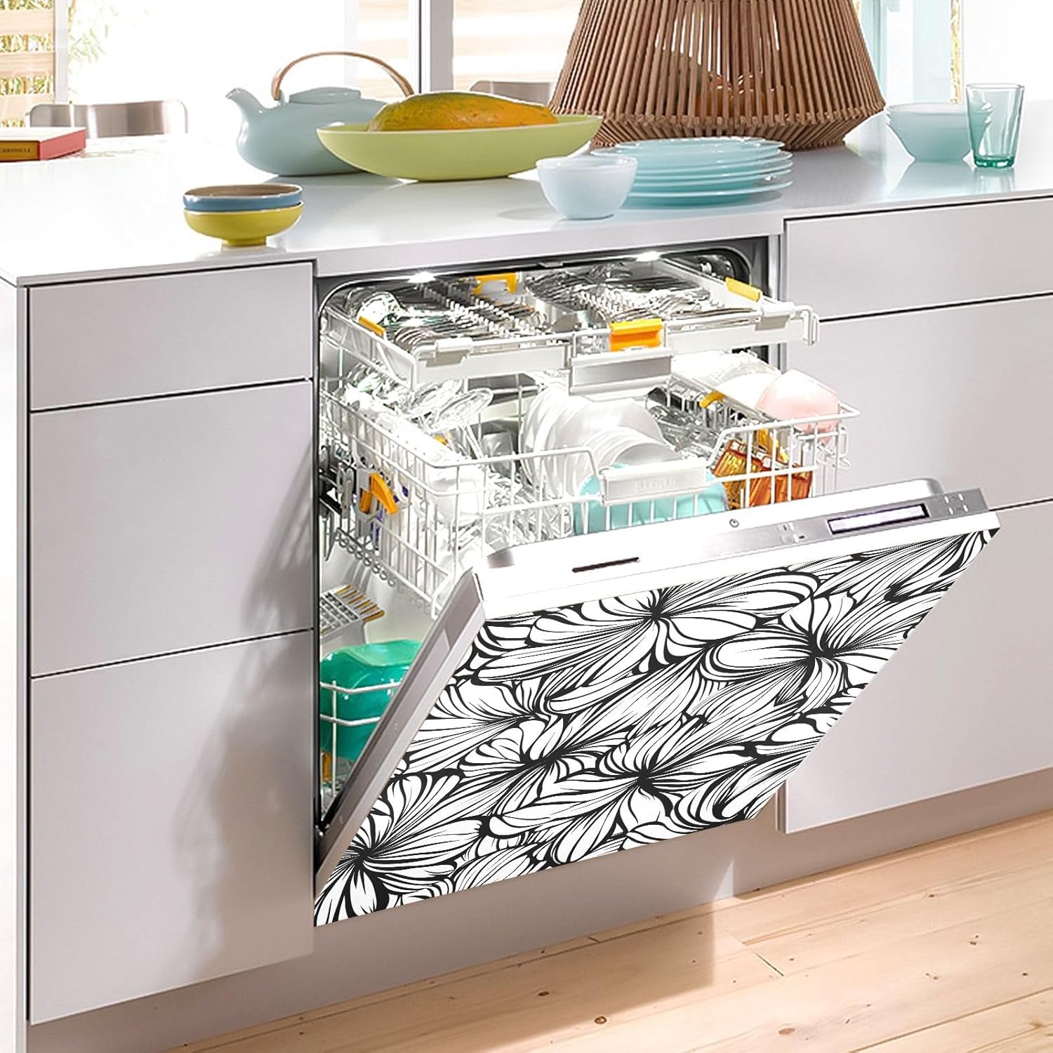 Dishwasher Magnet Cover Large Magnetic Stickers Flowers Line Pattern Front Dishwasher Cover Reusable Decal for Home Kitchen Anti-Scratch Refrigerator Decorative Lid Washing Machine Laundry 23