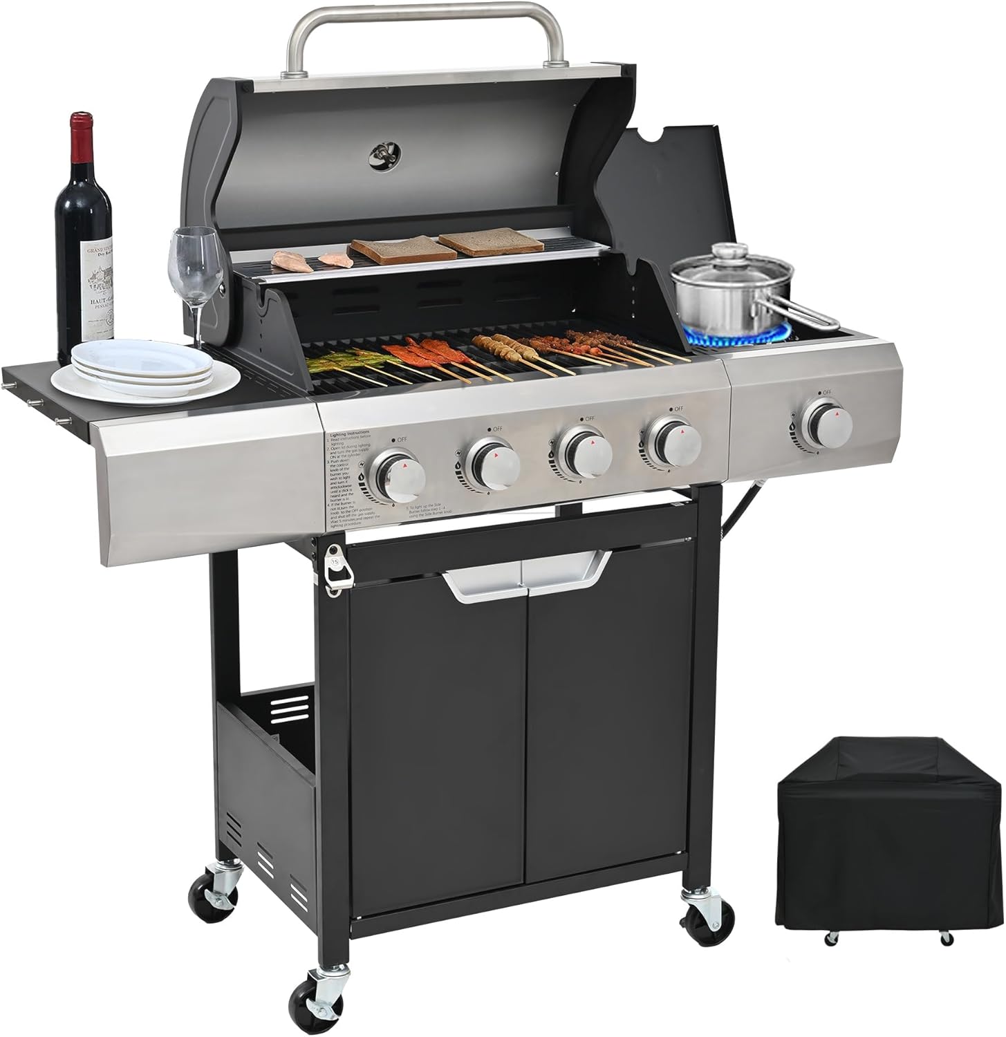4 Burner Propane Gas Grill with Side Burner, Stainless Steel BBQ Grill 51,000 BTU for Outdoor Cooking Kitchen, Garden and Patio Backyard Barbecue Propane Grill,BBQ Grill Propane with Cover