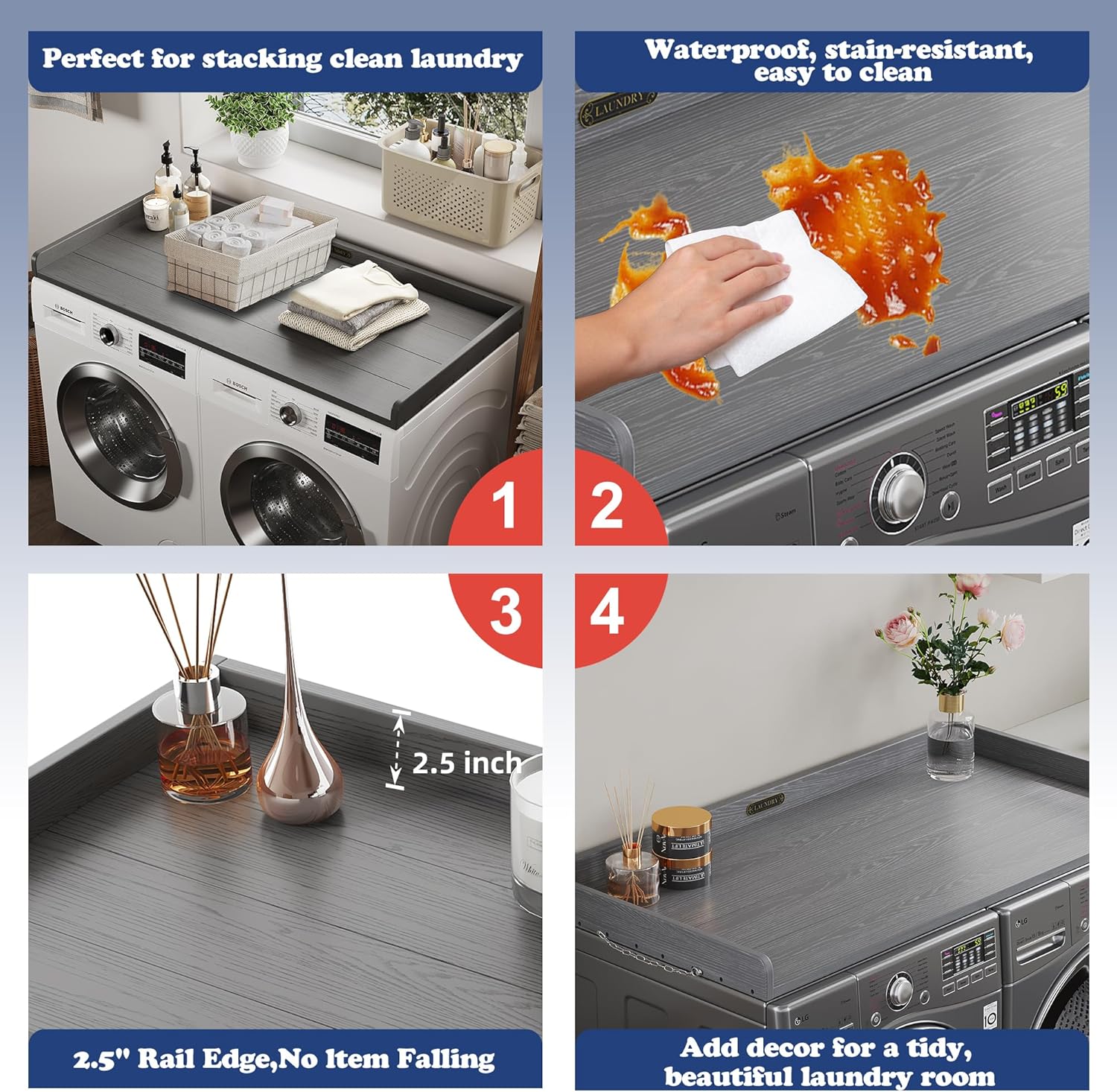 Washer Dryer Countertop HDPE No Installation - Washer and Dryer Topper Covers for The Top Laundry Room Organization and Storage Waterproof