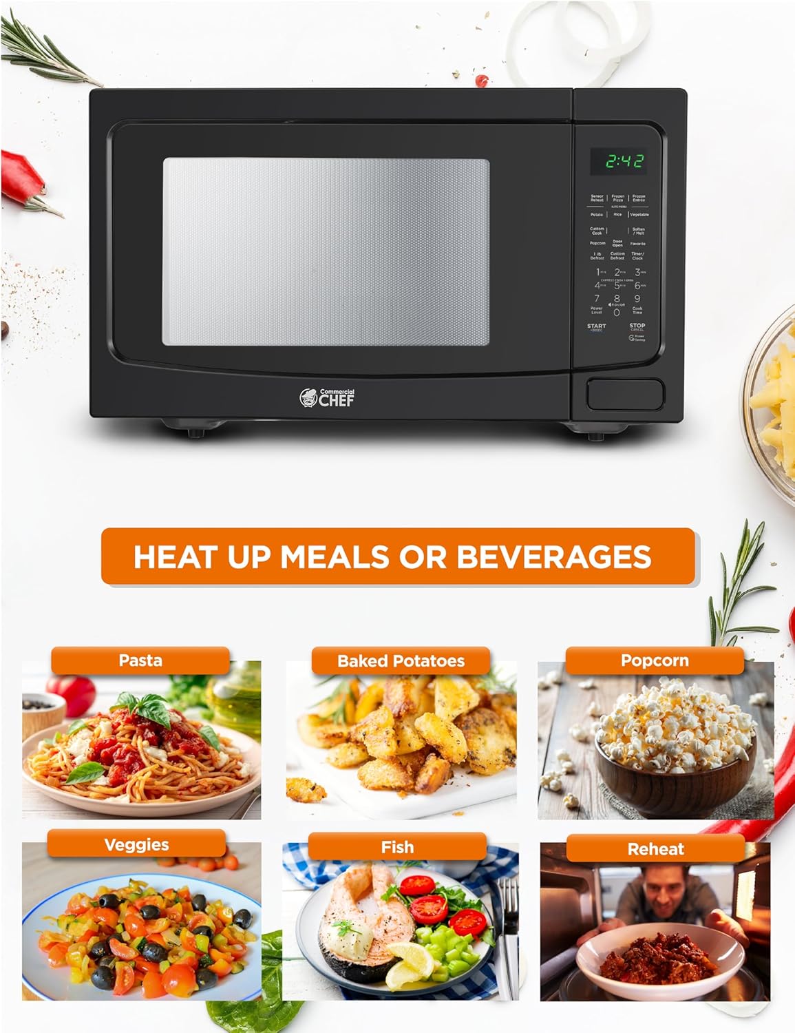 COMMERCIAL CHEF 1.6 Cubic Foot Microwave with 10 Power Levels, Small Microwave with Push Button Child Safety Lock, 1100 Watt Microwave with Digital Control Panels, Countertop Microwave & Timer, Black