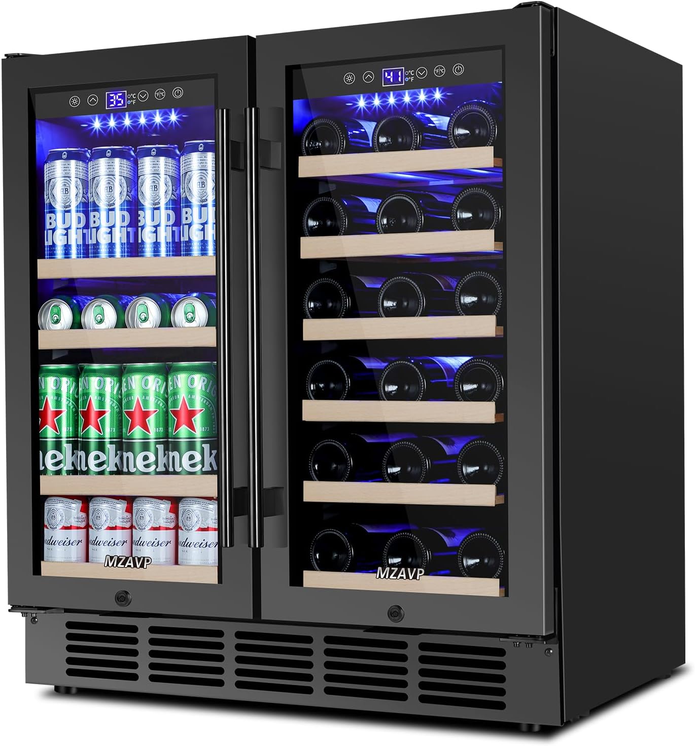 24 Inch Wine Fridge & 30 Inch Wine and Beverage Refrigerator with Upgraded Compressor, Intelligent Temperature Memory, Freestanding or Built-In Dual Zone Wine Cooler Black