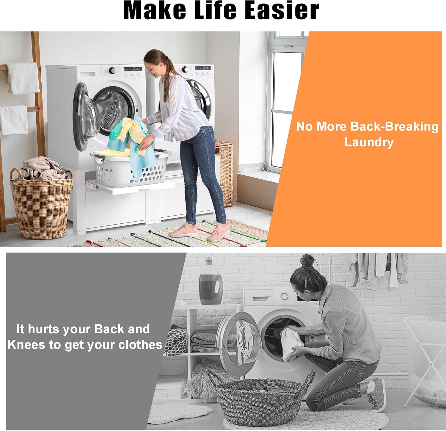 Washer and Dryer Pedestals, Laundry Pedestal Universal Fit Washing Machine Stand with Drawer Storage and Lundry Basket Shelf, 800LBS Capacity,White