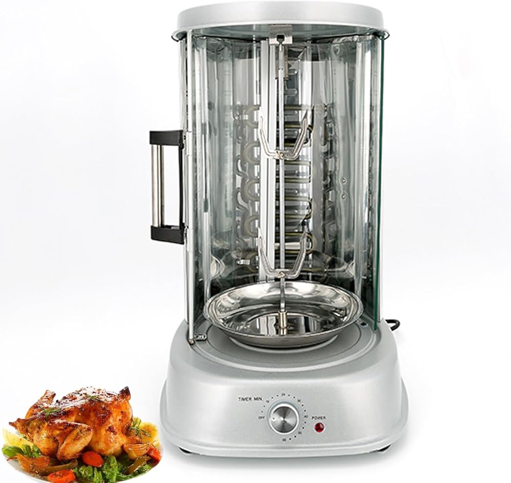 1380W Electric Rotating Vertical Rotisserie Grill - Smokeless 360° Shawarma BBQ Machine with 3 Grills, 60 Min Timer, Sliding Glass Door & Auto Shut-Off for Perfectly Cooked Meats