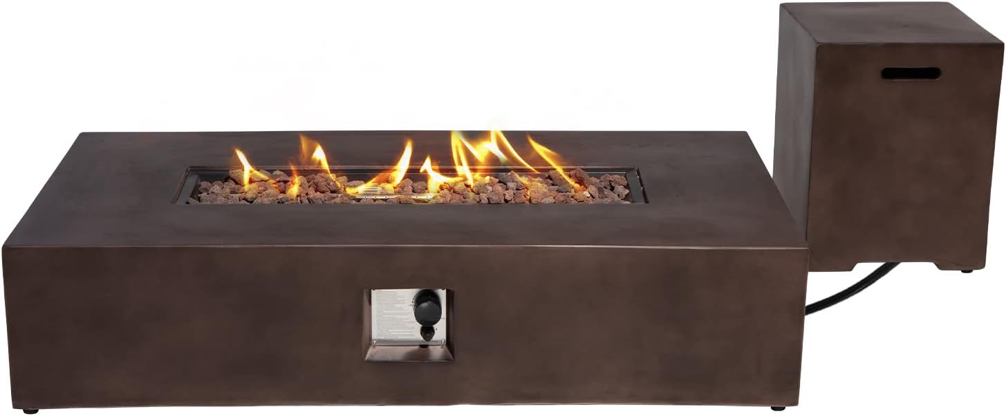 Patio Propane Gas Fire Table w 20lb Tank, 50,000 BTU Outdoor Rectangle Fire Pit, Concrete-Like Finish with Lava Rocks, Rain Cover, 56x29inches, Bronze