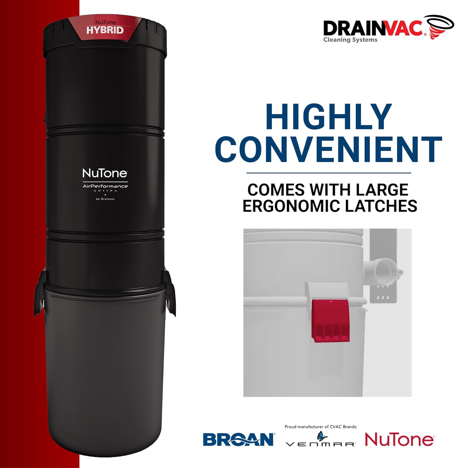 Drainvac Broan-nutone 700 Air watts Residential Central Vacuum System - Advanced HEPA Filtration with 99.97% dust and microparticle Capture, Anti-Vibration, Powerful Suction