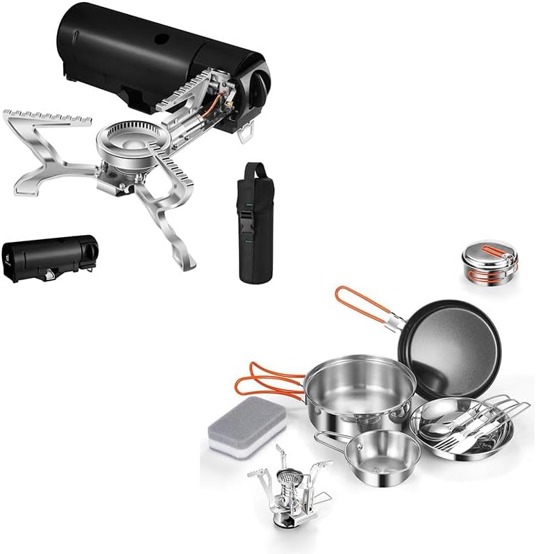Odoland Bundle - 2 Items Portable Camping Stove and 10pcs Stainless Steel Camping Cookware