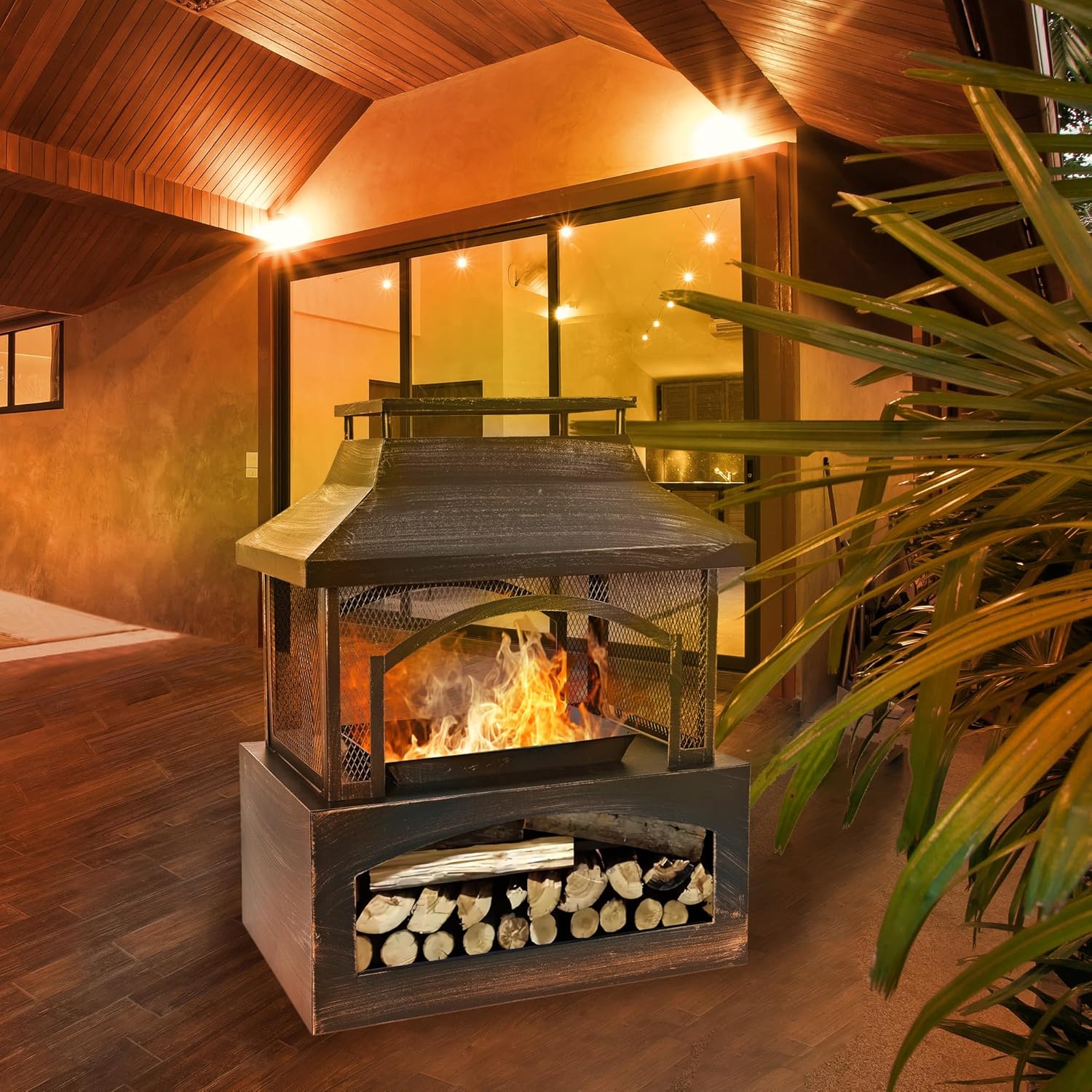 37 Inches Outdoor Wood Burning Fireplace with Log Storage & Poker-Brushed Bronze Metal Fire Pit for Patio, Backyard-Antique Brass (Antique Brass, 37-Inch)