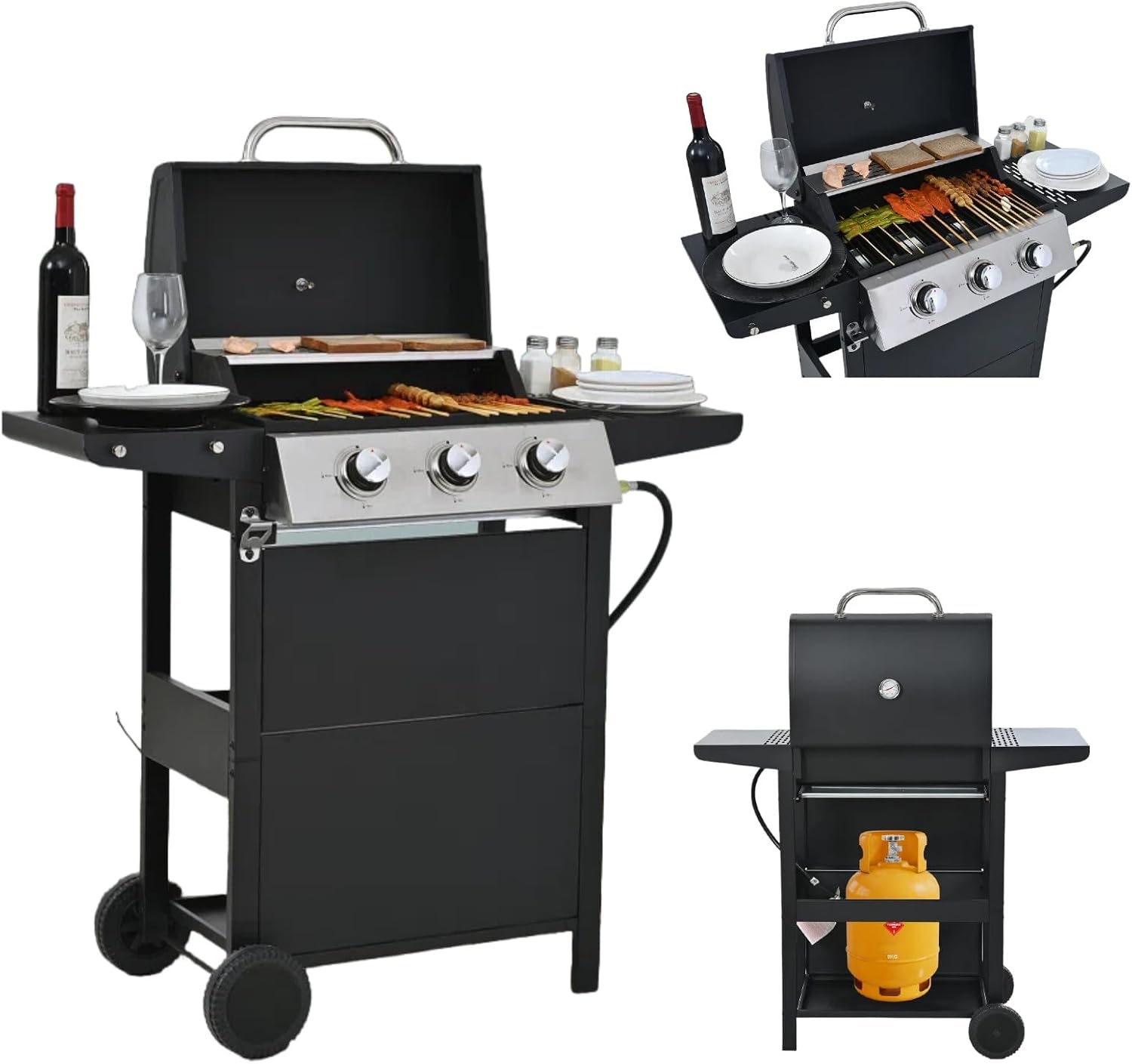 Stainless Steel 3-Burner Propane Gas Grill 26,000 BTU, Black Outdoor BBQ Grill with Electronic Ignition, Wheels, Thermometer & Shelves for Patio, Garden