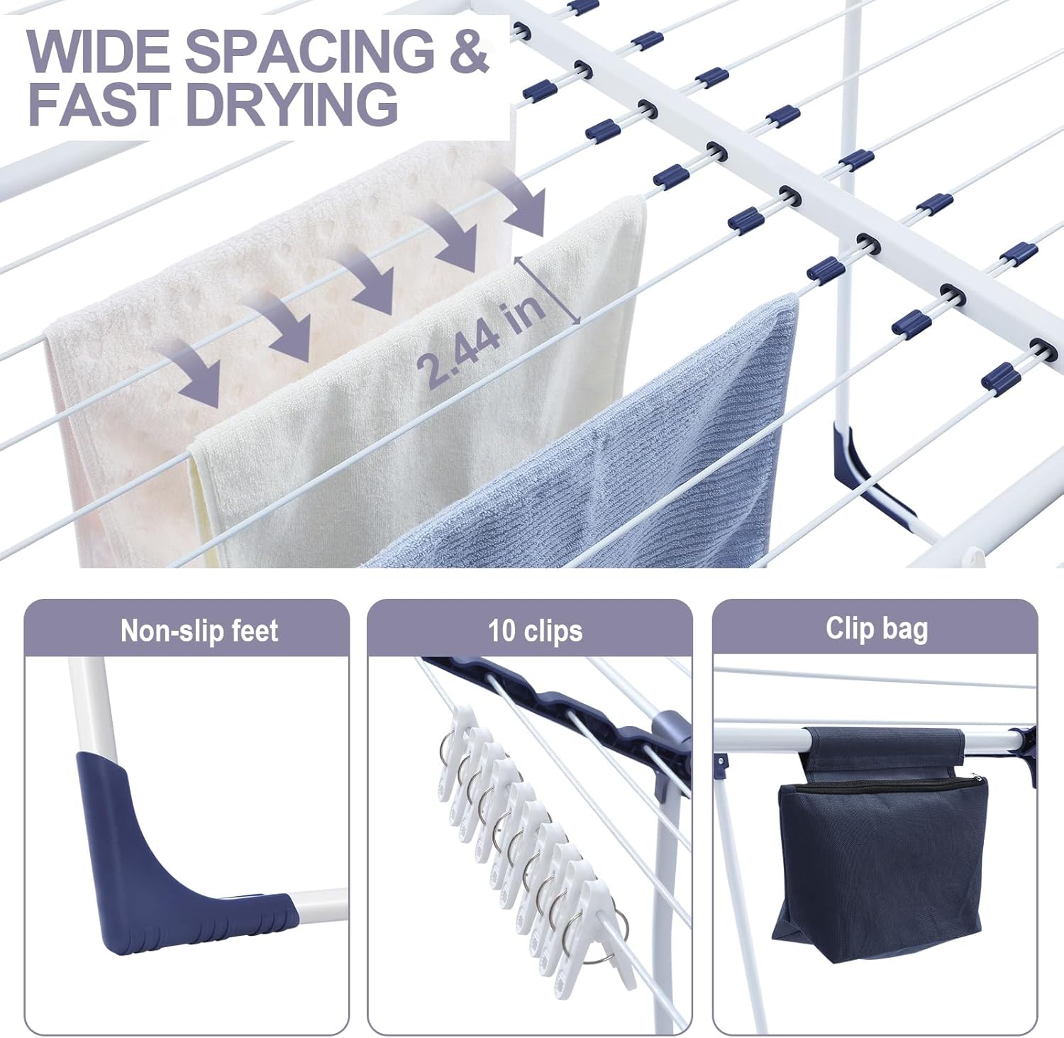 APEXCHASER Clothes Drying Rack - Foldable Laundry Rack Indoor Outdoor, Gullwing Drying Rack Clothing with 10pcs Clips + Bag, Collapsible Space-Saving Clothes Rack for Drying Towels Dolls, White