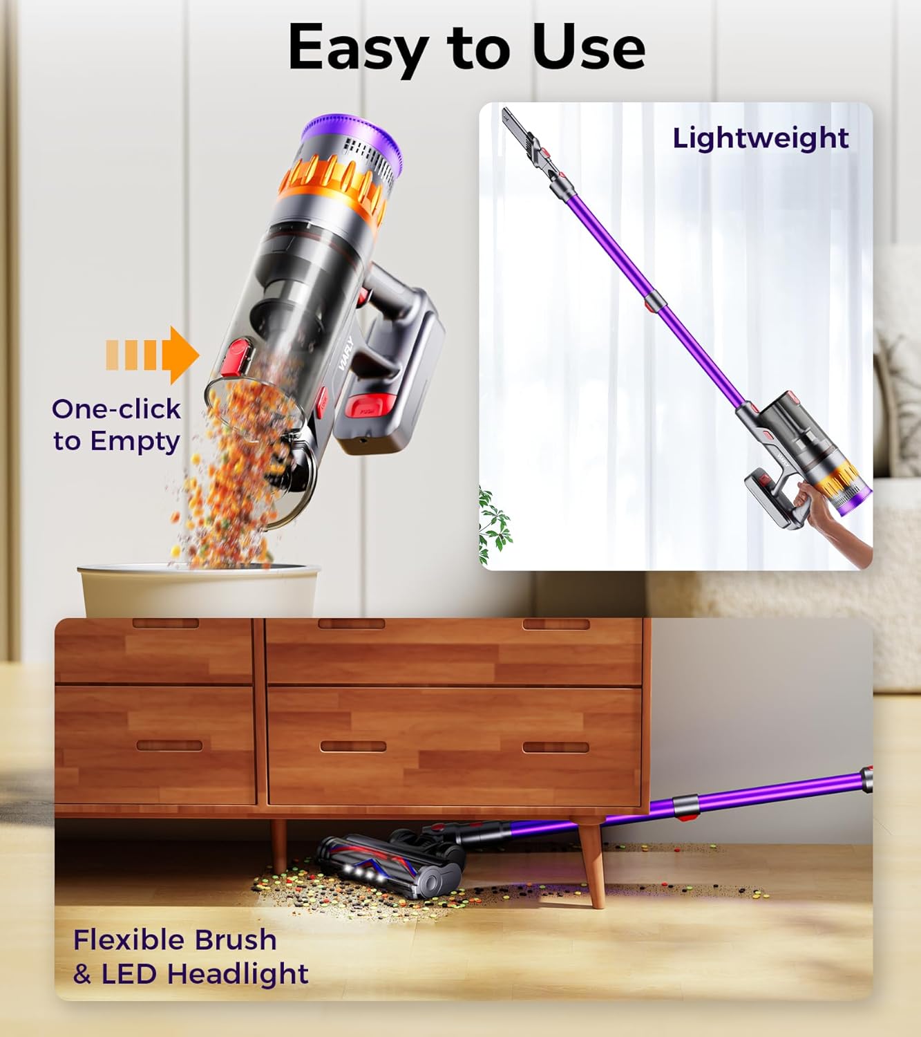 Cordless Vacuum Cleaner, 550W 48Kpa 70 Mins Vacuum Cleaners for Home, Self-Standing Stick Vacuum with Touch Screen, Wall Dock, Anti-Tangle Rechargeable Vacuum for Pet Hair Carpet Hardwood Floor