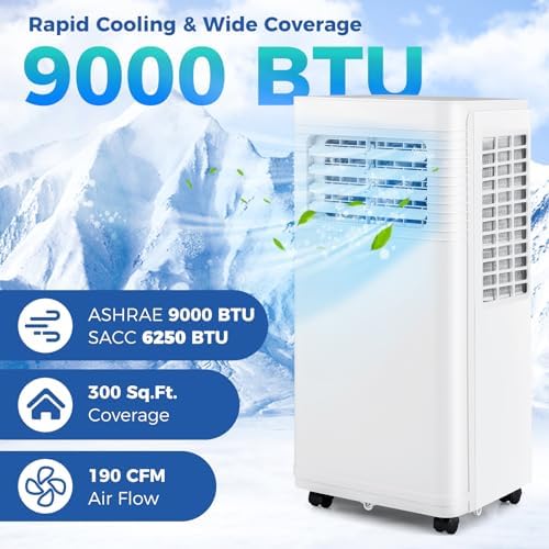 DORTALA Portable Air Conditioner 9000 BTU, 3 in 1 Quiet Floor Standing AC Unit with Fan & Dehumidifier, Sleep Mode, 24H Timer, Remote Control & Installation Kit for Room up to 300 Sq.Ft