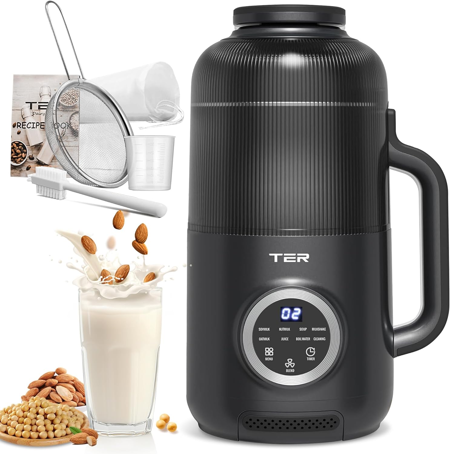 8-in-1 Nut Milk Maker, 40oz Blender Homemade Almond, Oat, Soy, Coconut Milk, Juice & Soup, Electric Bean Milk Machine with Delay Start/Auto-Clean/Boil Water/Keep Warm (Black)