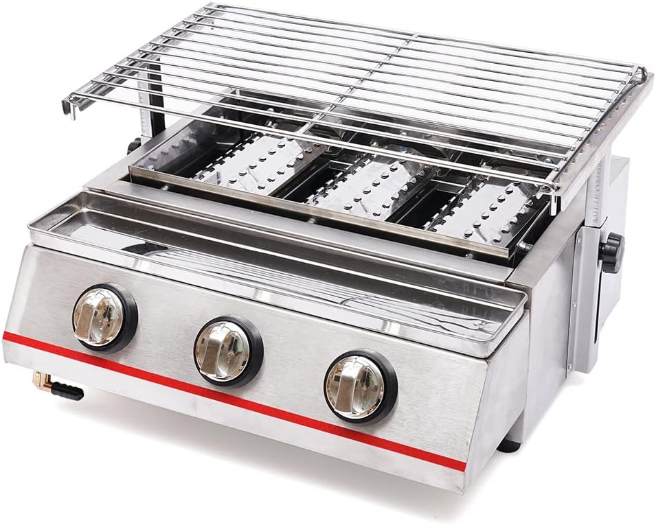 Portable Grill 3-Burner Tabletop Propane Gas Grill 18'' x 10'' Outdoor Camping Cooking Grill Table Top Propane Gas BBQ Patio Garden Picnic Backyard Barbecue Grill