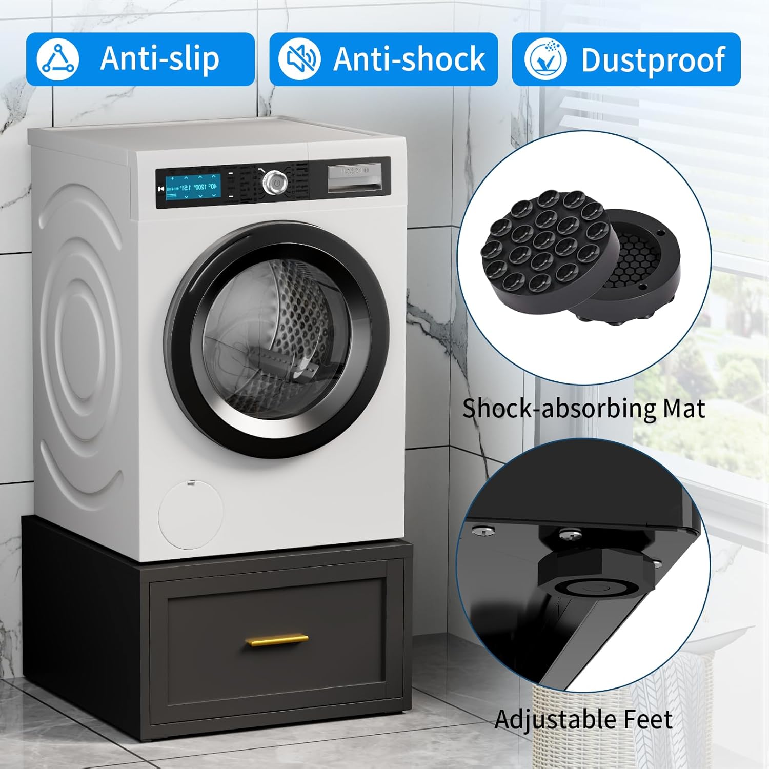 2 Pack Metal Washer and Dryer Pedestal, 28''W Heavy Duty Washing Machine Base Stand with Storage Drawer, Universal Fit Anti-Vibration Laundry Pedestal for Washer and Dryer, 440 LBS Capacity