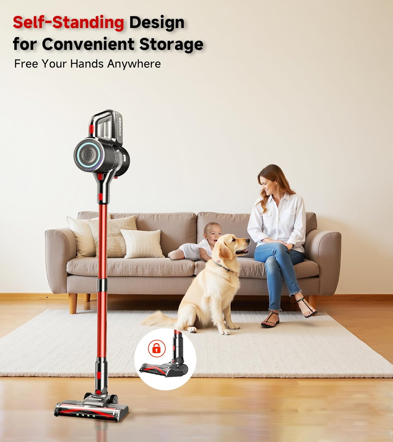 Cordless Vacuum Cleaner, 500W/40Kpa Stick Vacuum with 45Mins Runtime, Self-Standing Vacuum Cleaners for Home, Anti-Tangle, 1.5L Dust Cup, Rechargeable Vacuum for Hardwood Floor Carpet Pet Hair