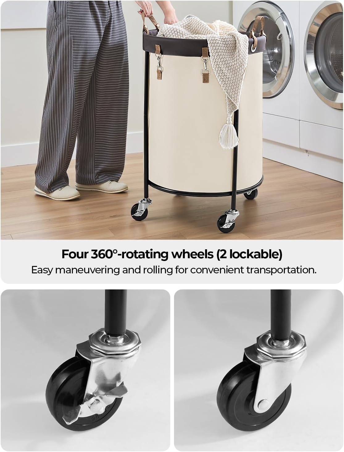 StorageWorks 170L Rolling Laundry Basket, Clothes Hamper with Wheels, Round Clothing Cart with Steel Frame and Removable Bag, 4 Casters and 2 Brakes, Beige, 1-Pack