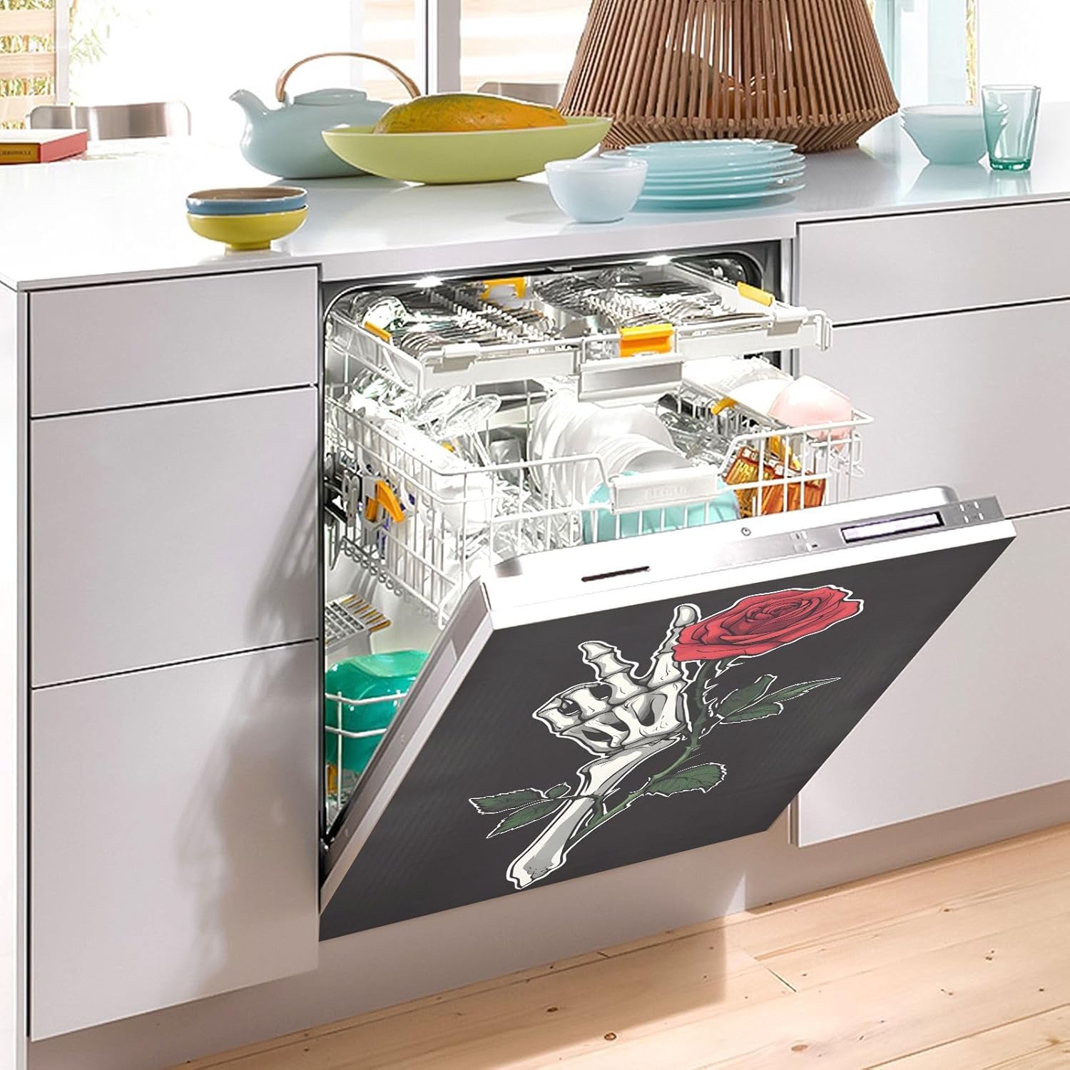 Dishwasher Magnet Cover Large Magnetic Stickers Skull with Rose Front Dishwasher Cover Reusable Decal for Home Kitchen Anti-Scratch Refrigerator Decorative Lid Washing Machine Laundry 23