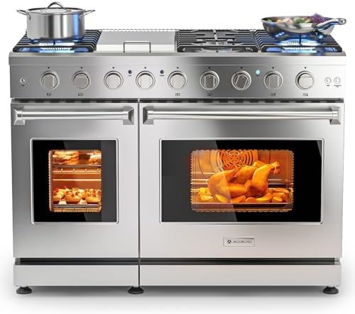 AAOBOSI 48 Inch Freestanding Gas Range Ovens with 7.0 cu.ft Large Capacity Double Convection Ovens, 6 Sealed Burners Plus Iron Grill Burner, Stainless Steel Gas Range Stove with NG/LPG Convertible