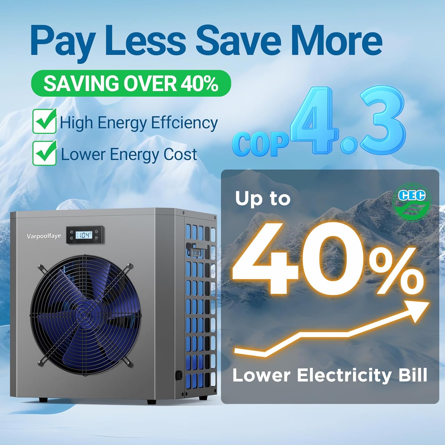 Pool Heaters for Above Ground Pool 16000 BTU Swimming Pool Heater Pump 5000 Gallon Heating or Cooling Mode WiFi Control Timer 120V 60Hz