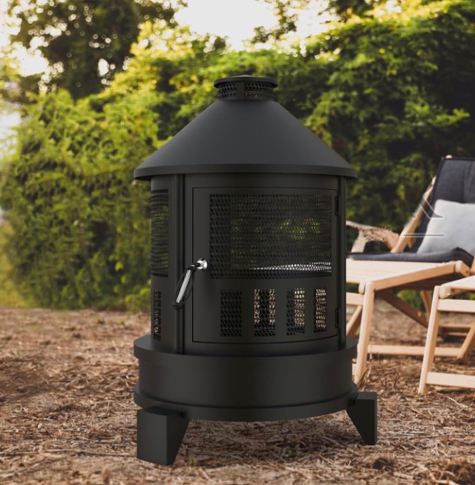 Outdoor Fire Pit, Black Metal Mesh Chiminea, 27x27x38 Inch, Portable Garden Stove with Heat-Resistant Handle, Patio Heater for Backyard