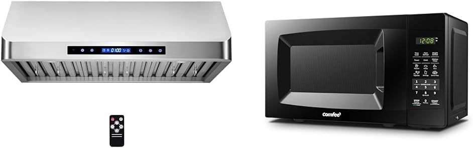 COSMO COS-QS75 30 in. Under Cabinet Range Hood with 500 CFM, Permanent Filters, LED Lights & COMFEE' EM720CPL-PMB Countertop Microwave Oven with Sound On/Off, ECO Mode