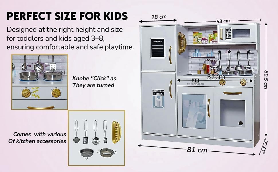 Large Kids Wooden Kitchen Play Set & Kitchen Accessories, Girls Boys Learning Pretend Toys with Utensil Cooking Set Oven, Stove, Microwave - White/Gold Edition