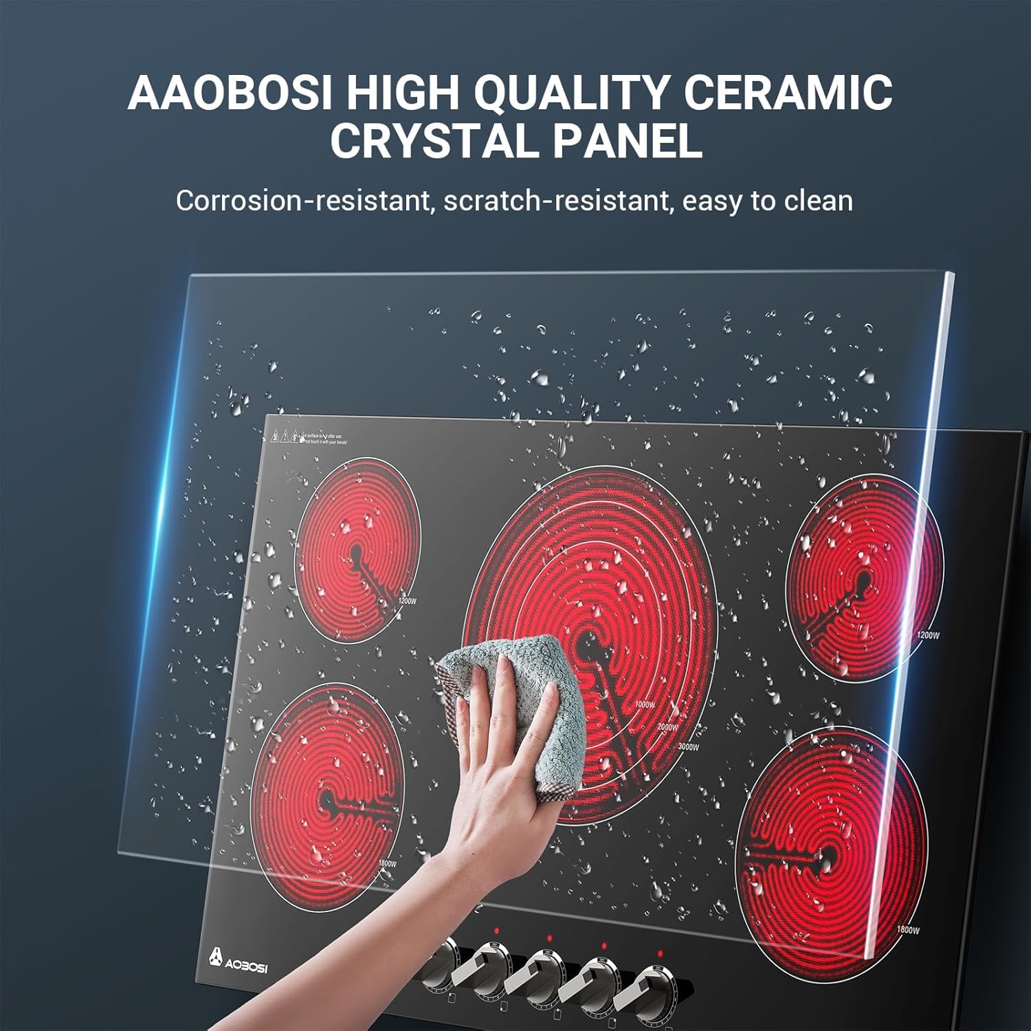 AAOBOSI 36 Inch Electric Cooktop 5 Burners, Upgraded 9000W Knob Control Built-in Ceramic Cooktop,Electric Stove Top,9 Heating Level, Chlid Lock Timer, ETC&FCC 220V~240V for Hard Wire(No Plug)