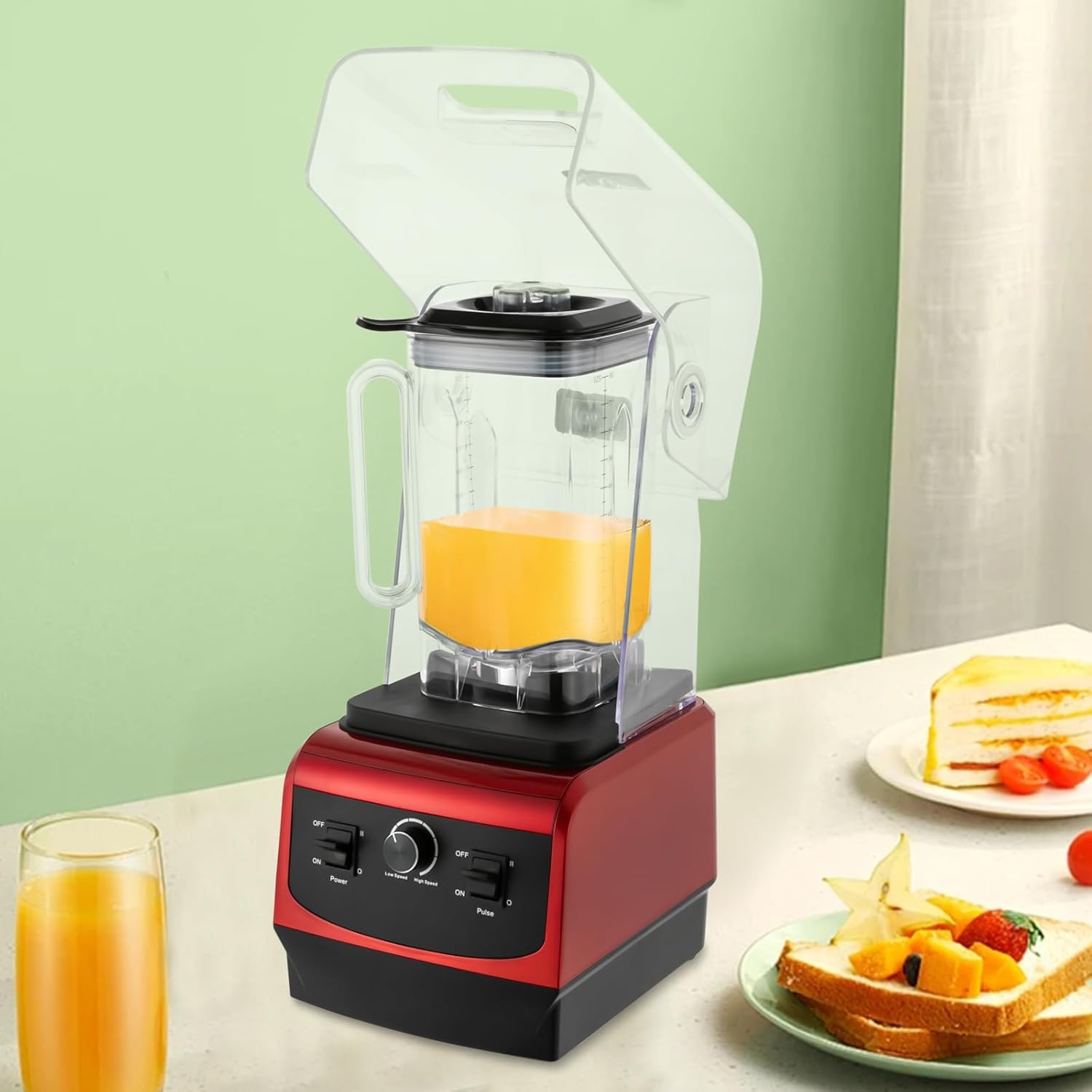 Professional Smoothie Machine 2.2L/74.4oz Commercial Blender for Smoothies & Frozen Drinks with Stainless Steel Blades And Soundproof Cover Stand Mixer for Restaurant Bar Party (Red)