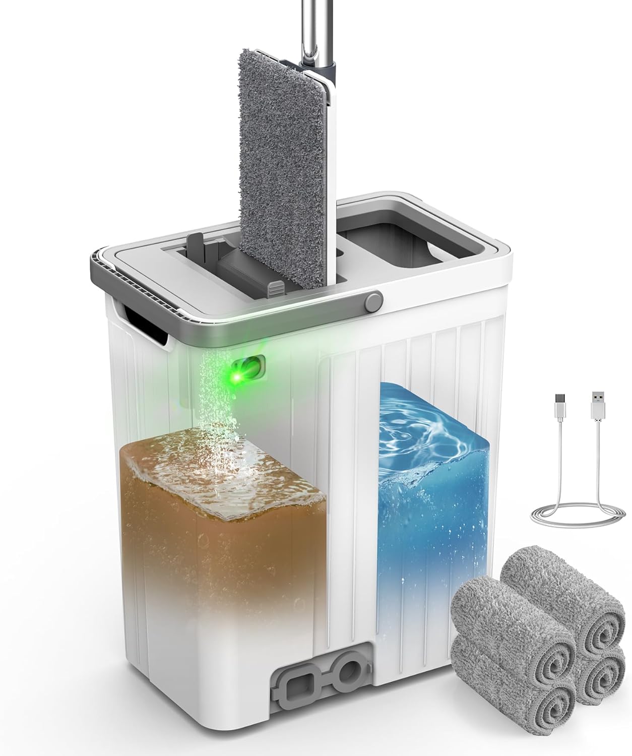 Mop and Bucket Set with AUTO Pump, 3-Zone Separate Dirty and Clean Water Floor Mop, Flat Mop and Bucket System with Wheels and Wringer, 4 Reusable Pads, One-Touch Water Filling for Floor Cleaning