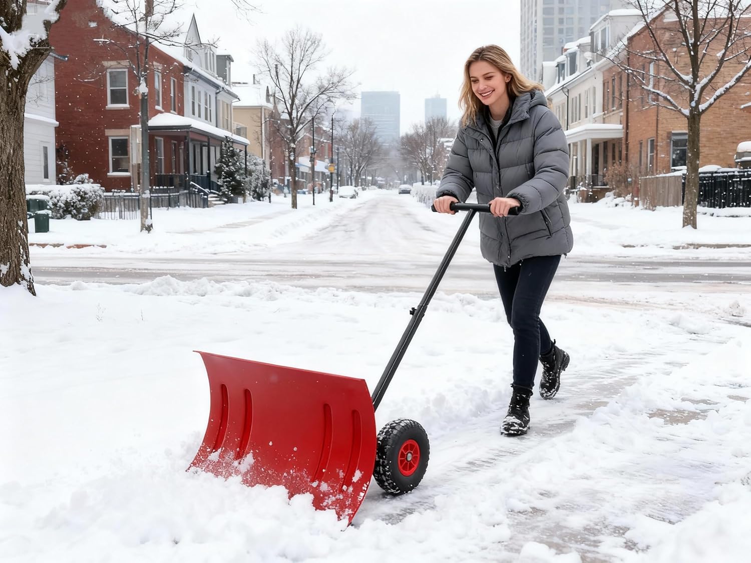 Garvee Snow Shovel Pusher for Driveway,Heavy Duty 2-Wheel Snow Shovel with Single Rod,29