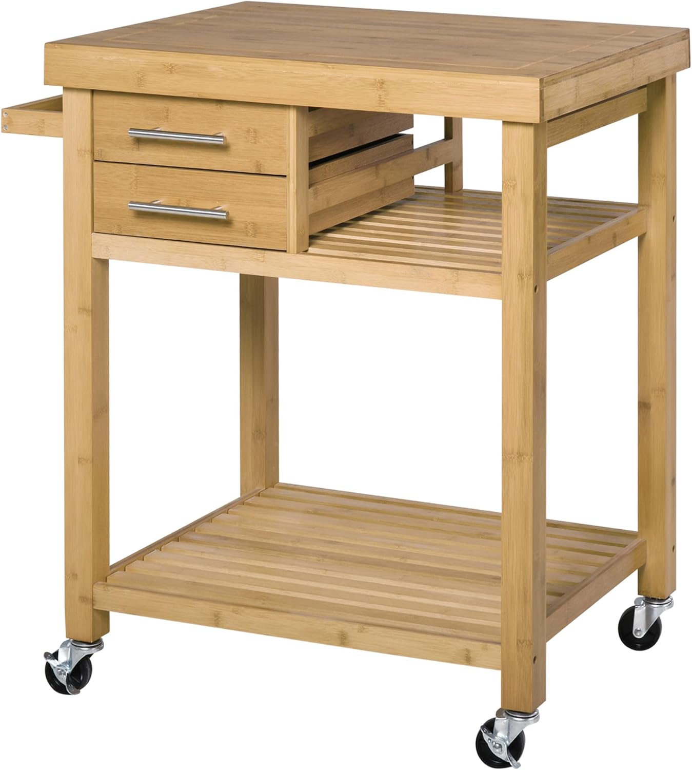 HOMCOM Bamboo Kitchen Island on Wheels, Utility Trolley Cart with 2 Storage Drawers, Butcher Block Cart with Open Shelves, Bamboo Tone