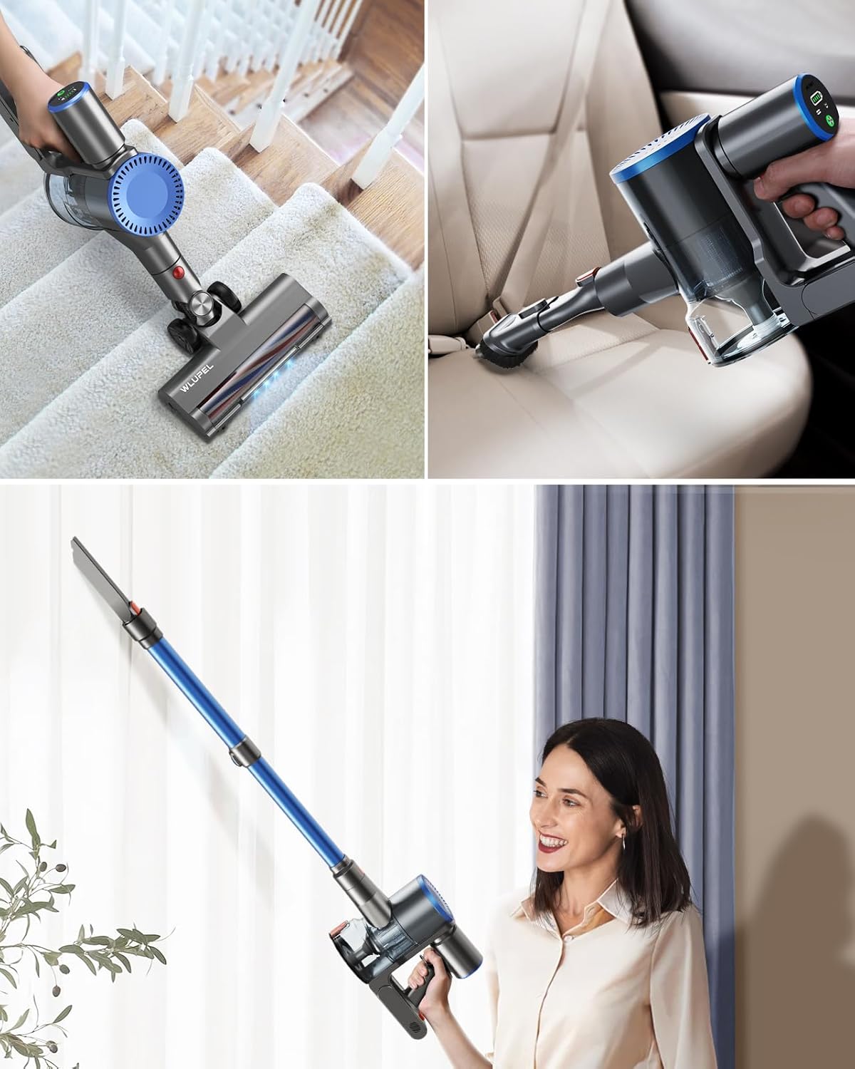 WLUPEL Cordless Vacuum Cleaner, 30KPA 400W Powerful Stick Vacuum with 45Mins Detachable Battery, 80000RMP Lightweight Handheld Vacuum with Adjustable Suction Modes for Hard Floor/Carpet/Pet Hair/Car