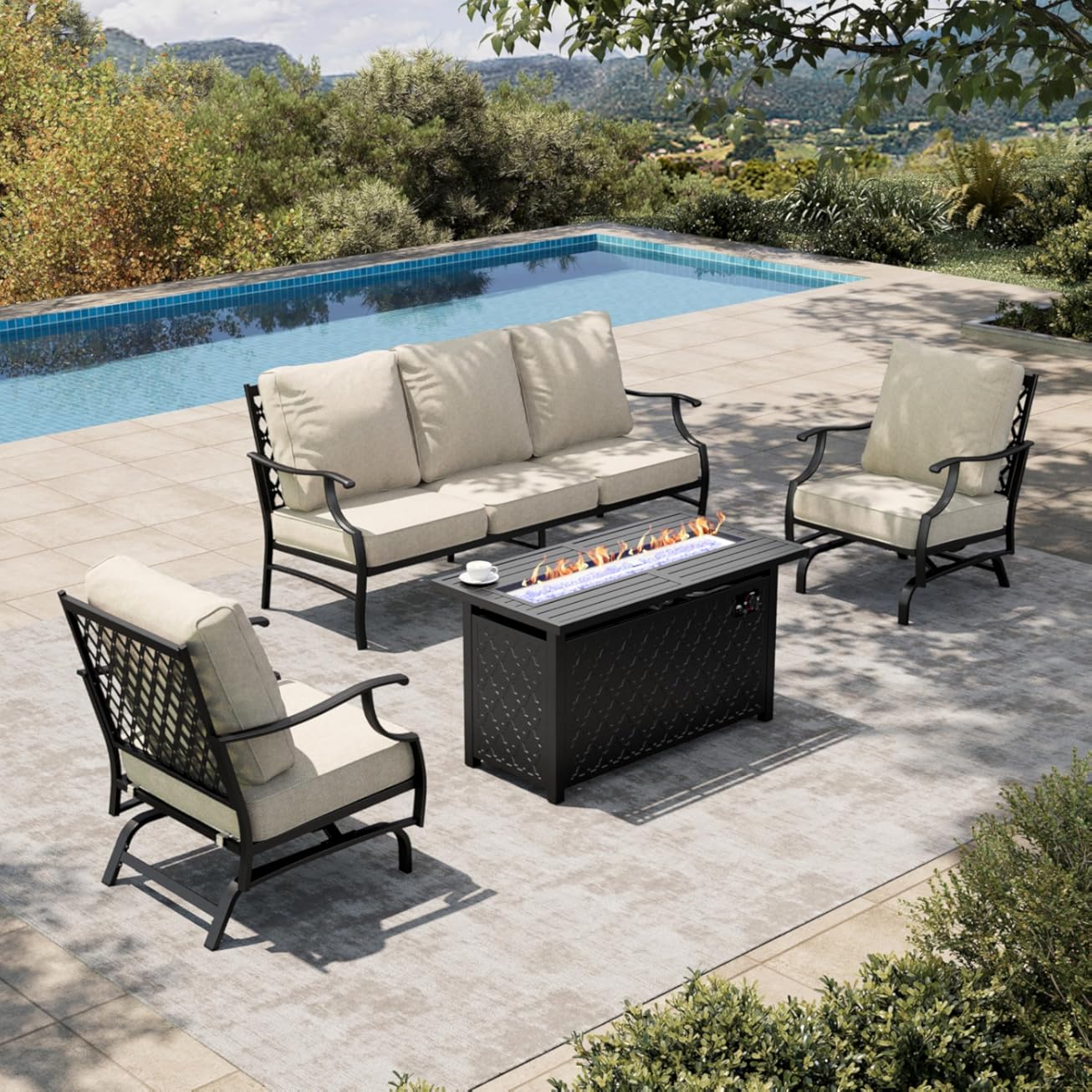 HERA'S HOUSE 4 Pieces Patio Furniture Set with Fire Pit Table, 2 x Rocking Chair, 3-Seat Sofa with 45