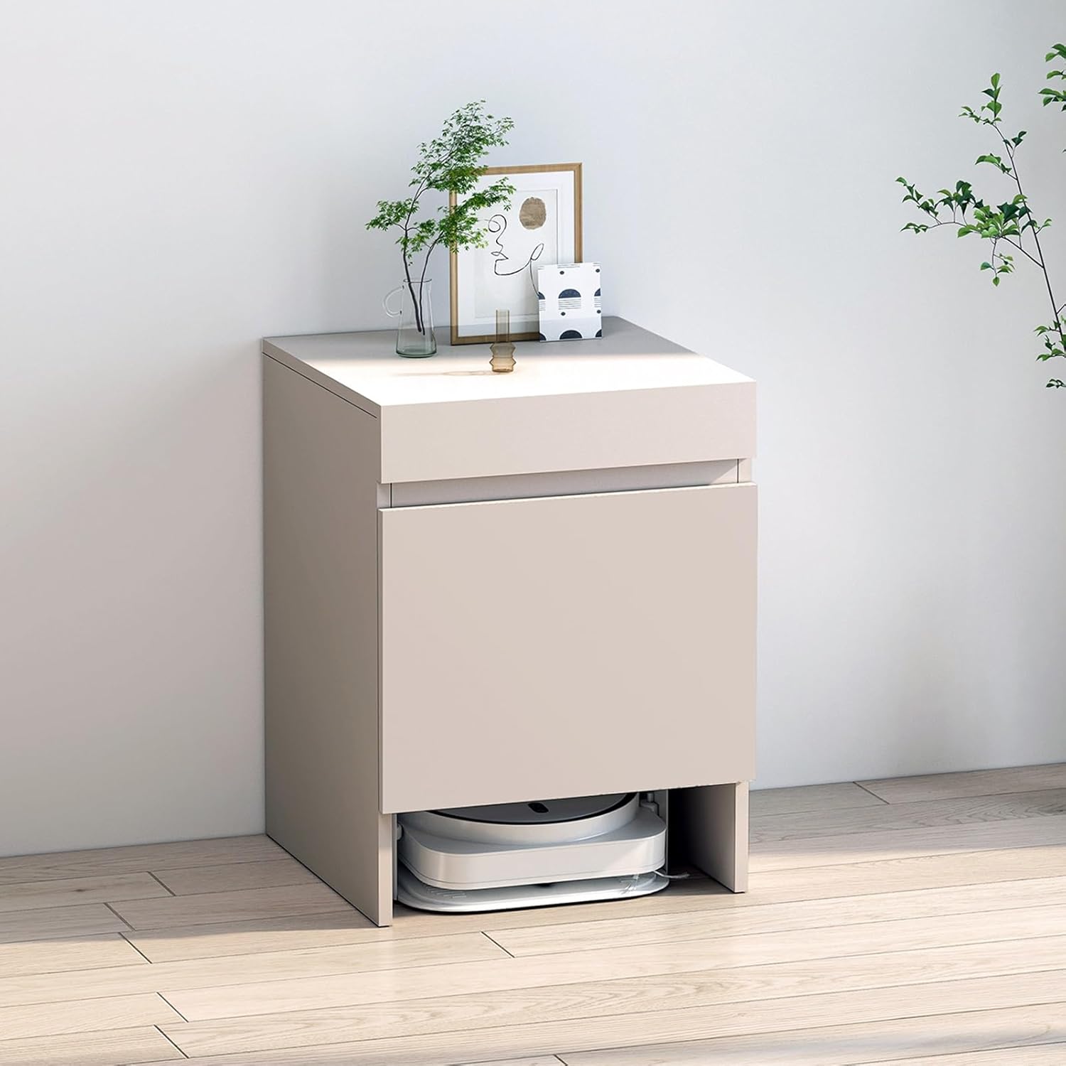 Robot Vacuum Storage Cabinet, 1.8mm Thick Wood Black/White/Brown, Pull-Out Top Shelf with Silent Rails, Soft Close Door, Space-Saving for Living Room Office Laundry Room(Natural)