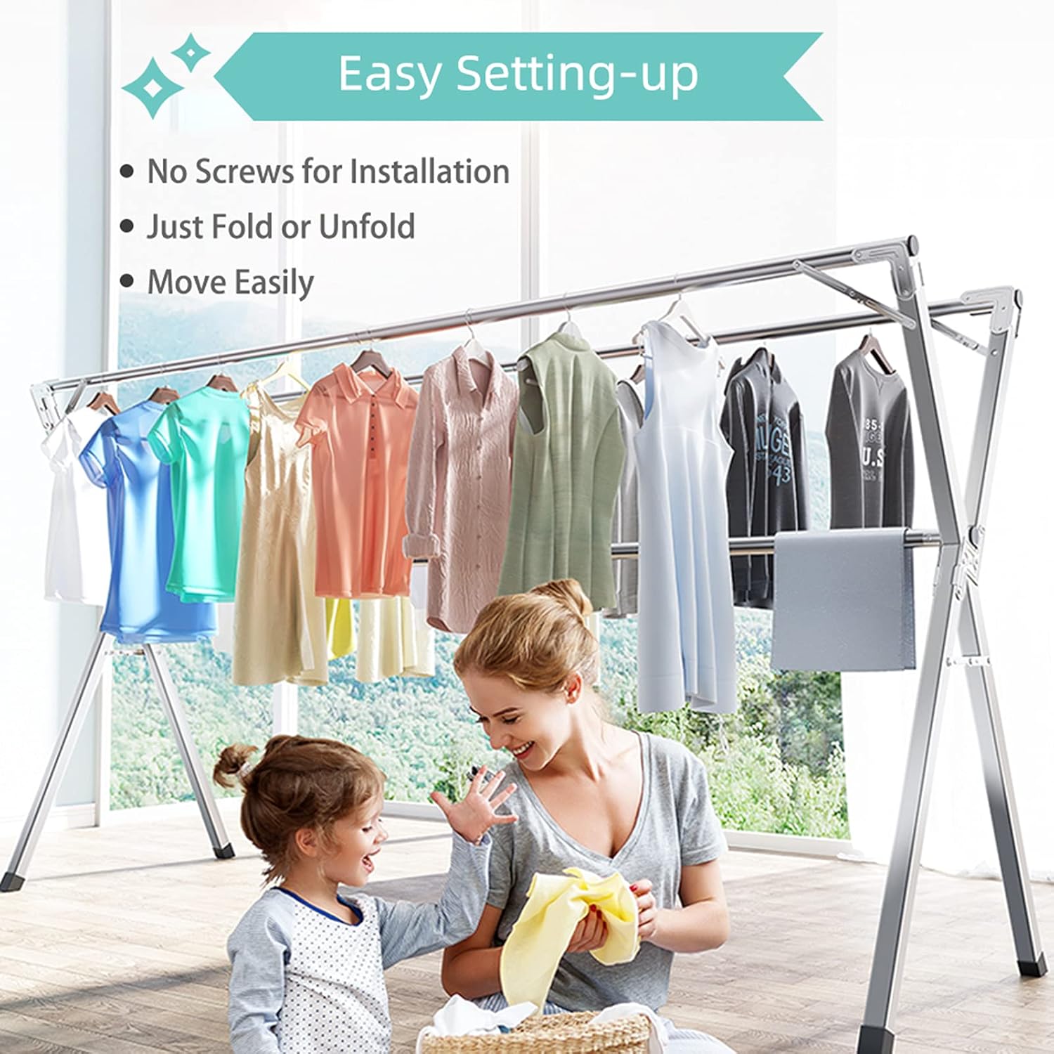YACASA Clothes Drying Rack, 79 inch Heavy Duty Stainless Steel Laundry Drying Rack, Foldable &Length Adjustable Space Saving Garment Rack, with 20 Windproof Hooks.