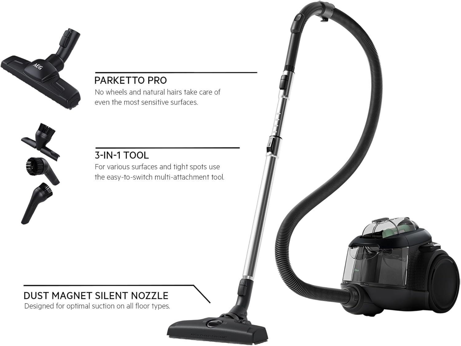 AEG 900258554 Bagless Vacuum Cleaner, 60% Recycled Material, 550 W, Additional Nozzles, Soft Wheels, 74 dB, 1.6 lt Reservoir, Black