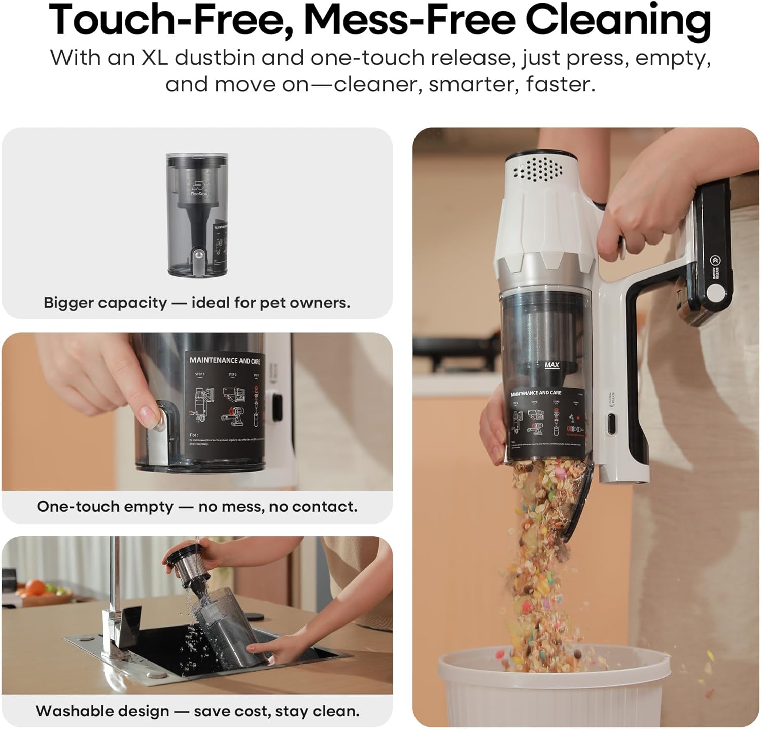 ElecKeys Cordless Vacuum Cleaner, 580W 48KPA 65Mins Vacuum Cleaners for Home, Self-Standing Anti-Tangle Vacuum with LED Display, Rechargeable, Lightweight, Cordless Vacuum for Floors/Pet Hair/Carpets