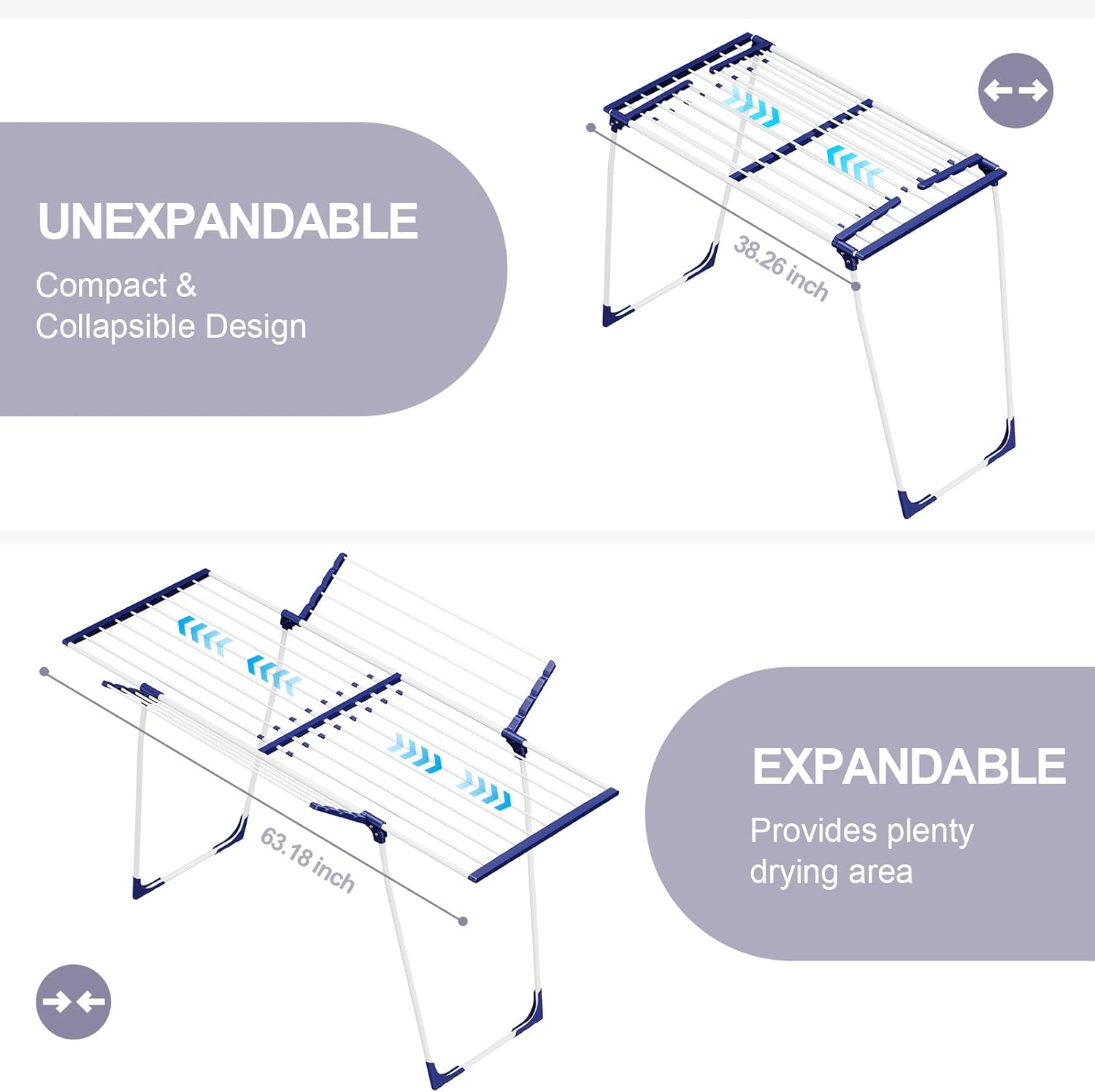 APEXCHASER Clothes Drying Rack - Foldable Laundry Rack Indoor Outdoor, Gullwing Drying Rack Clothing with 10pcs Clips + Bag, Collapsible Space-Saving Clothes Rack for Drying Towels Dolls, White