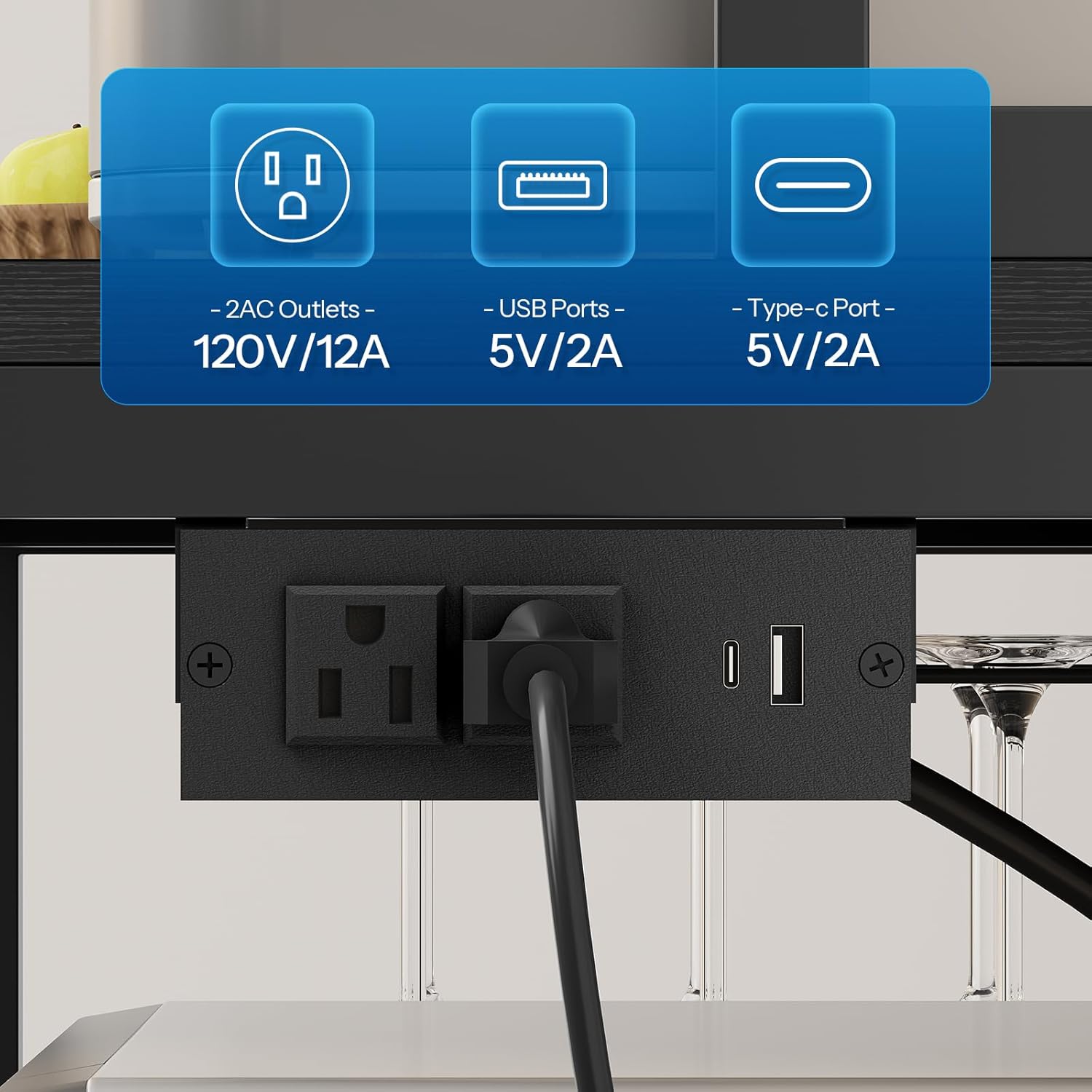 HOOBRO Bakers Rack with Power Outlet and LED Light, 45.3 Inch Microwave Stand with Shelves, Coffee Bar Cabinet with Wine Rack & 4-S Hooks, Kitchen Utility Storage Shelf with Cabinet, Black BB16UDHB01