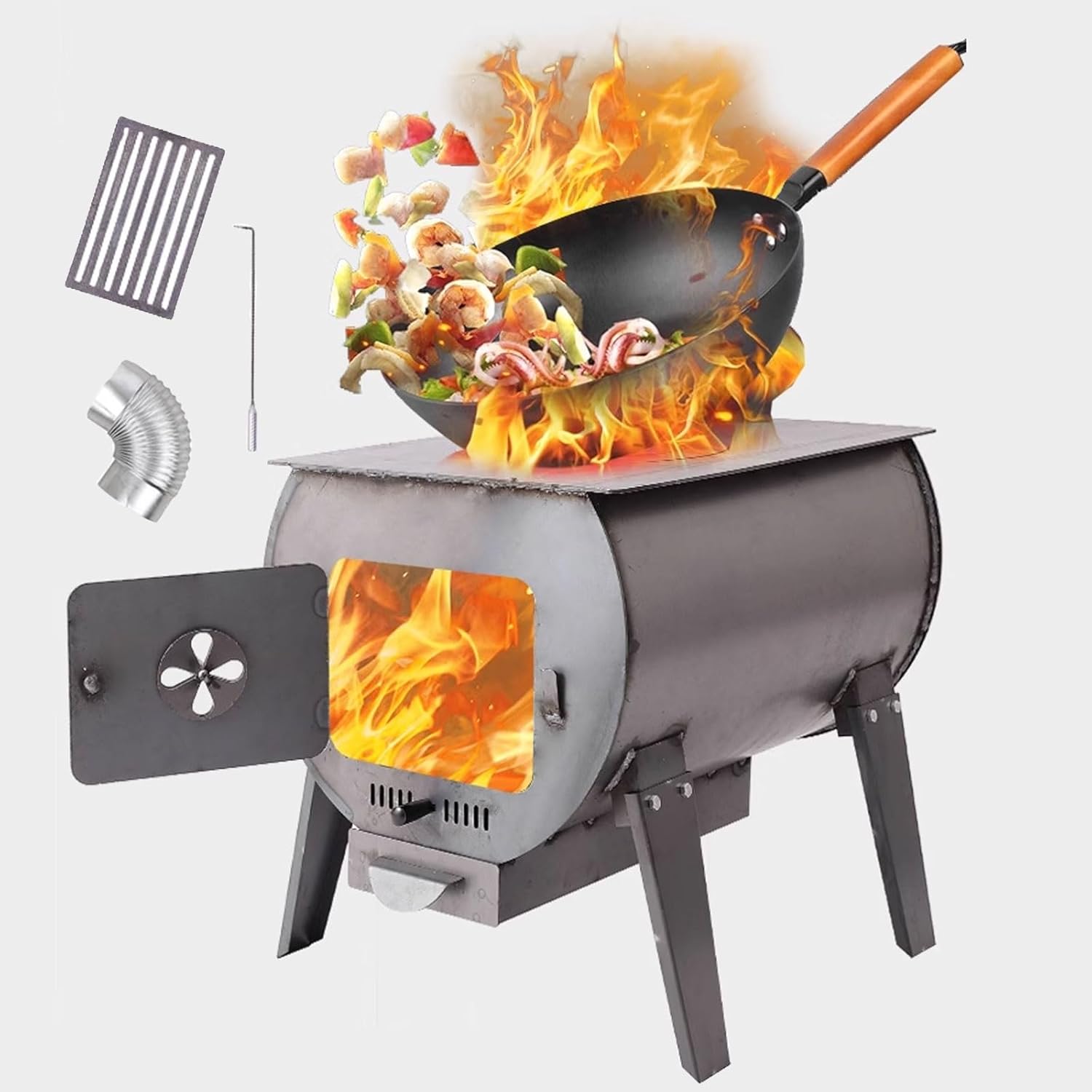 Camp Stove Rocket Stove Steel Plate Material Adjustable Heat Large Capacity Ashs Hopper Removable Stoves Legs Multi-purpose Stoves for Heating, Daily Cooking