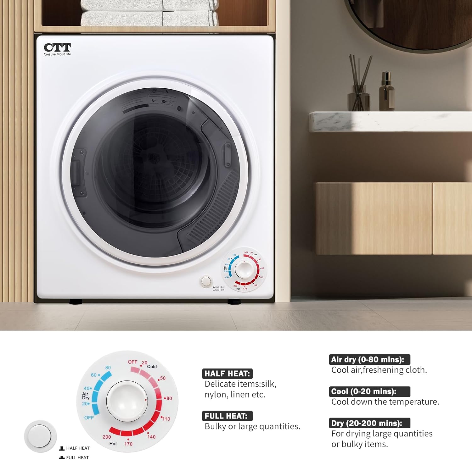 CTT 3.5 Cu. Ft. Clothes Dryer, 1500W Electric Dryers for Clothes, 110V Electric Clothes Dryer with Stainless Steel Drumble for 13.2 lbs. with 4 Automatic Drying Modes (White)