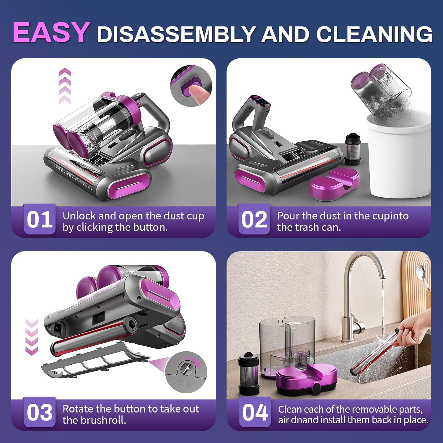 Cordless Mattress Vacuum Cleaner, 16kpa Bed Vacuum Cleaner with 253.7nm Uv-C Light 48000 RPM/Min Brushroll & Ultrasonic Tech Dual Bins for Dust & Widen Suction Port 120w for Bed Sofa(Purple)