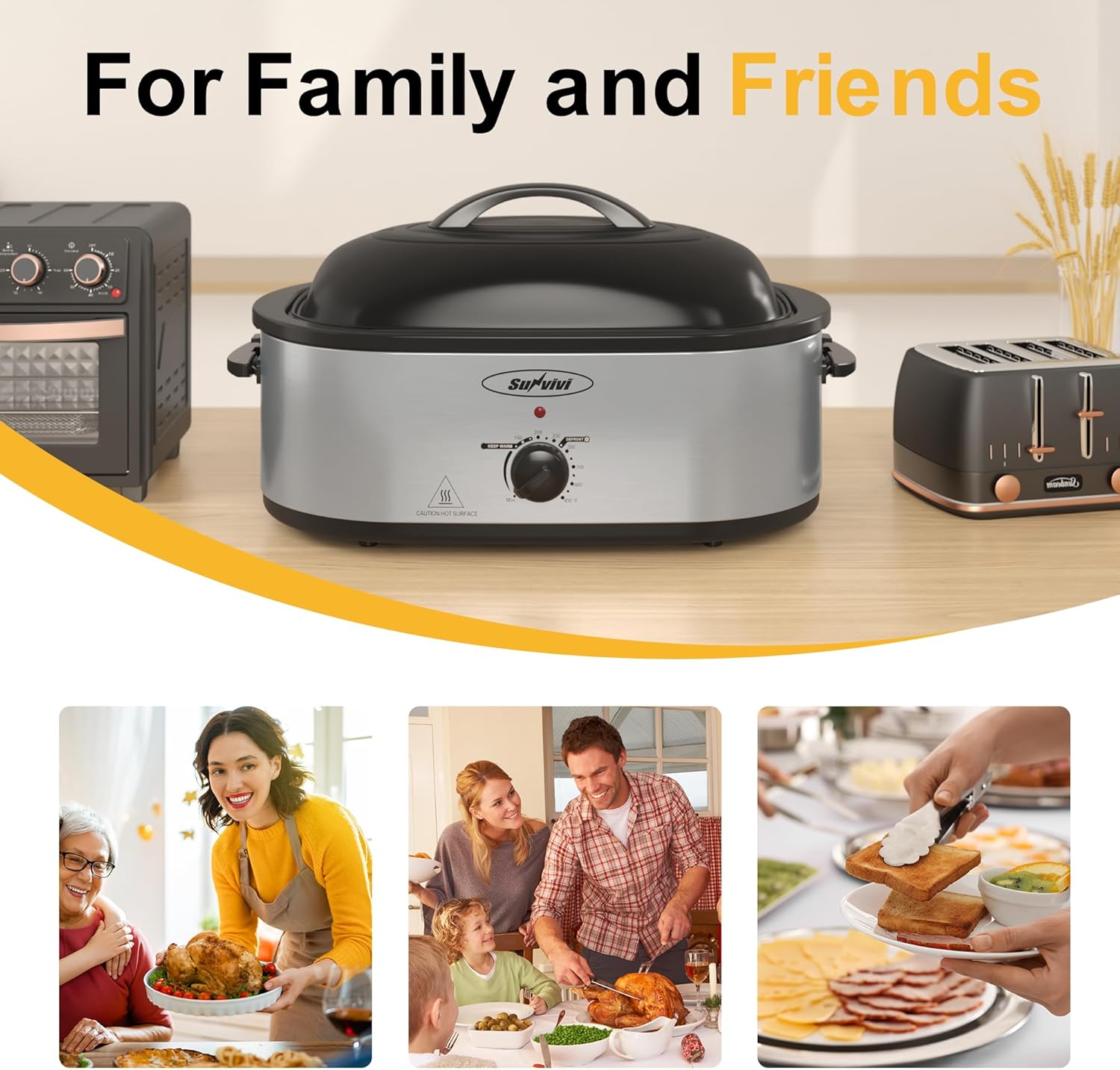 Sunvivi 24lb 20-Quart Roaster Oven, Electric Roaster Oven with Self-Basting Lid, Turkey Roaster with Unique Defrost/Warm Function, Large Roaster with Removable Pan & Rack, Stainless Steel, Silver
