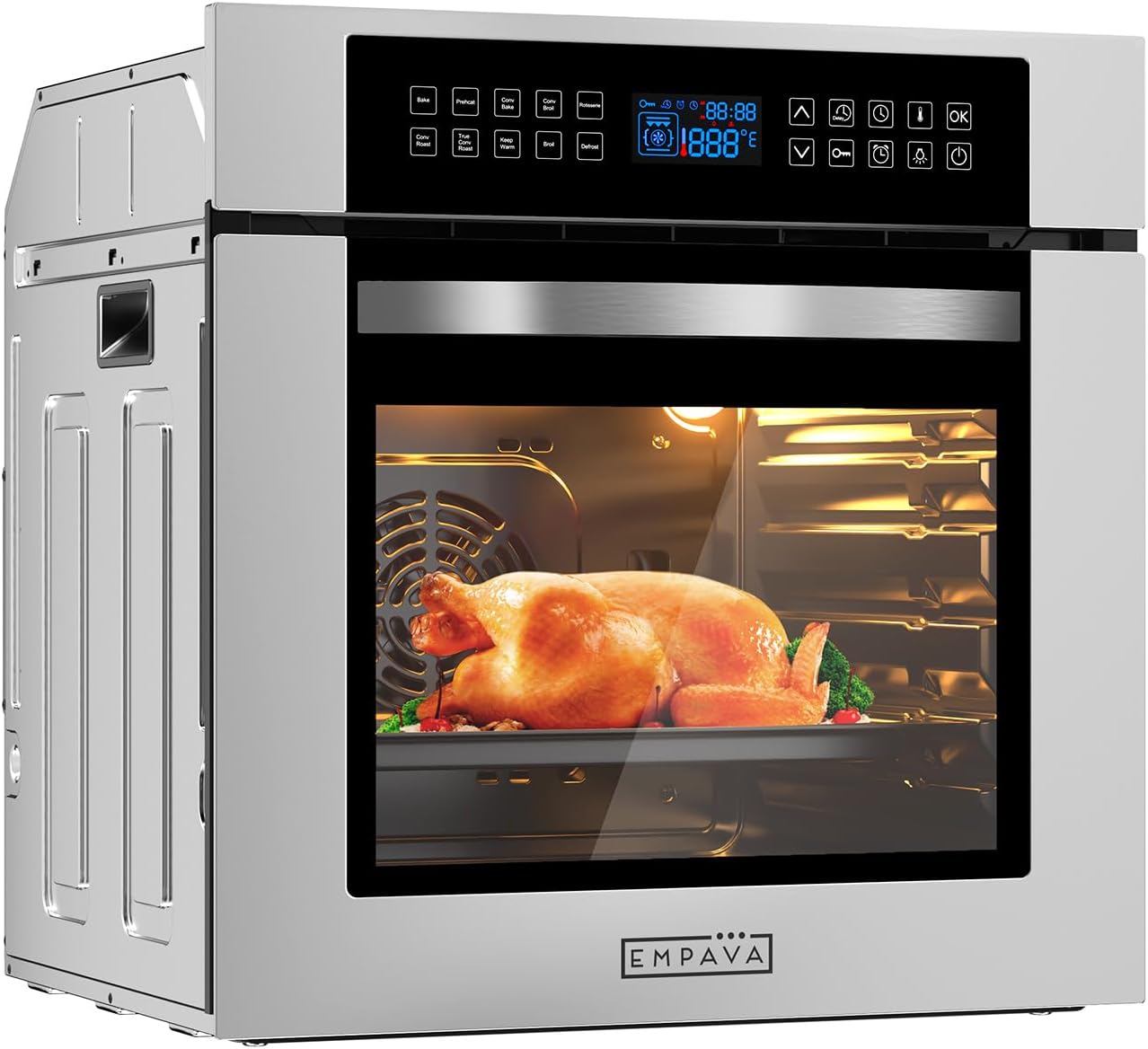 Empava 24 inch Electric Single Wall Oven with 10 Cooking Funcitons, Stainless Steel Built-in Wall Convection Oven with Screen Touch Control, 360° Rotisserie, Silver