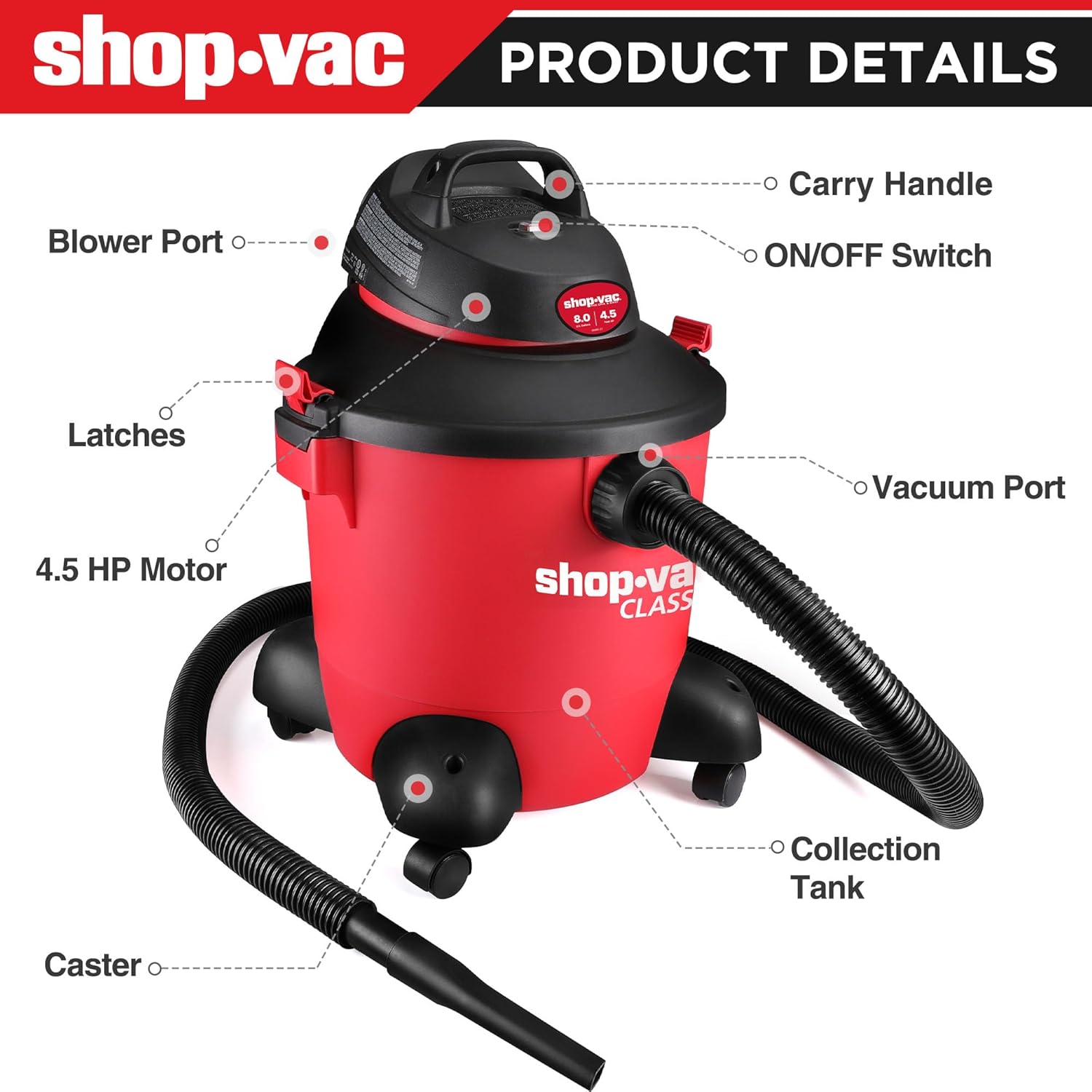 Shop-Vac 8 Gallon 4.5-Peak HP Wet/Dry Vacuum, 3 in 1 Function with Filter, Hose and Accessories, Ideal for Jobsite, Garage, Car & Workshop. 5971836