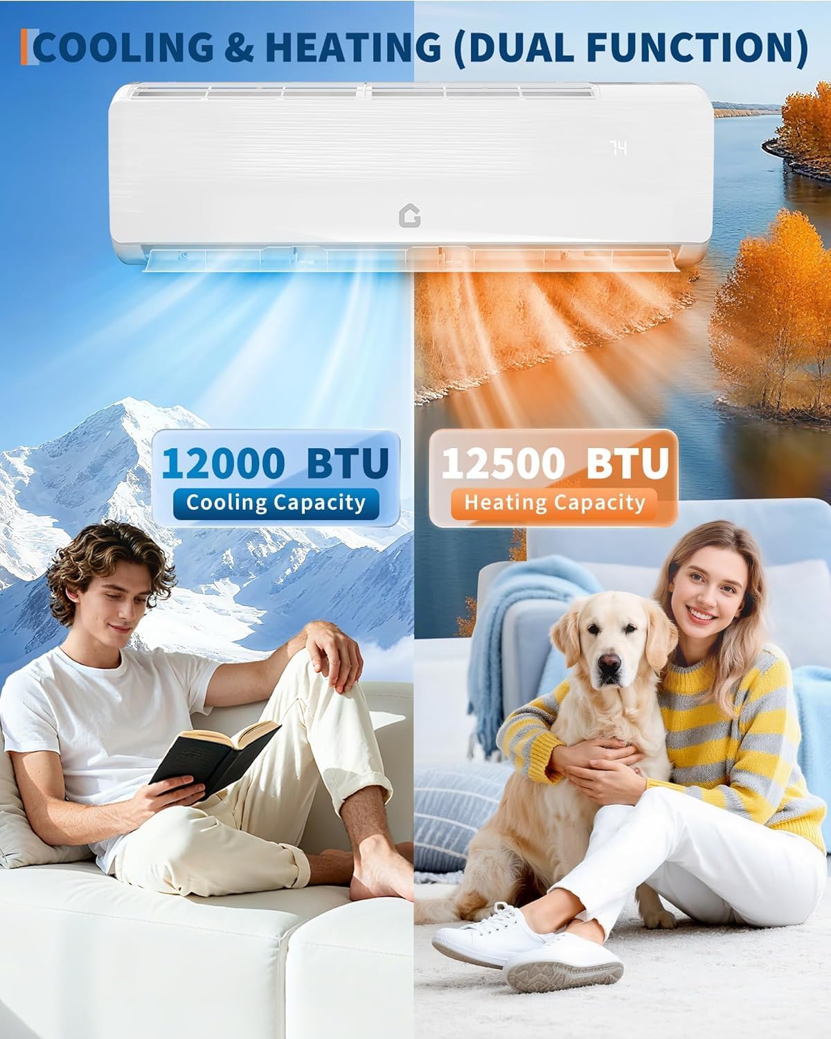 12000 BTU Mini Split AC/Heating System, 19 SEER2 Inverter 6-in-1 Split System Air Conditioners, Ductless Heat Pump Wall Mount AC Unit Cool Up to 750 Sq. Ft, Installation Kits, 115v, Low Noise